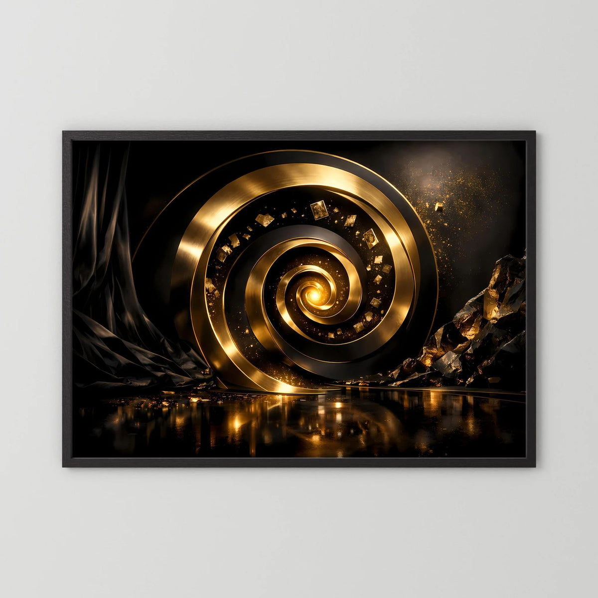Wandbild im Querformat mit goldener 3D-Spirale, schwarzem Rahmen und dunkler, goldener Struktur