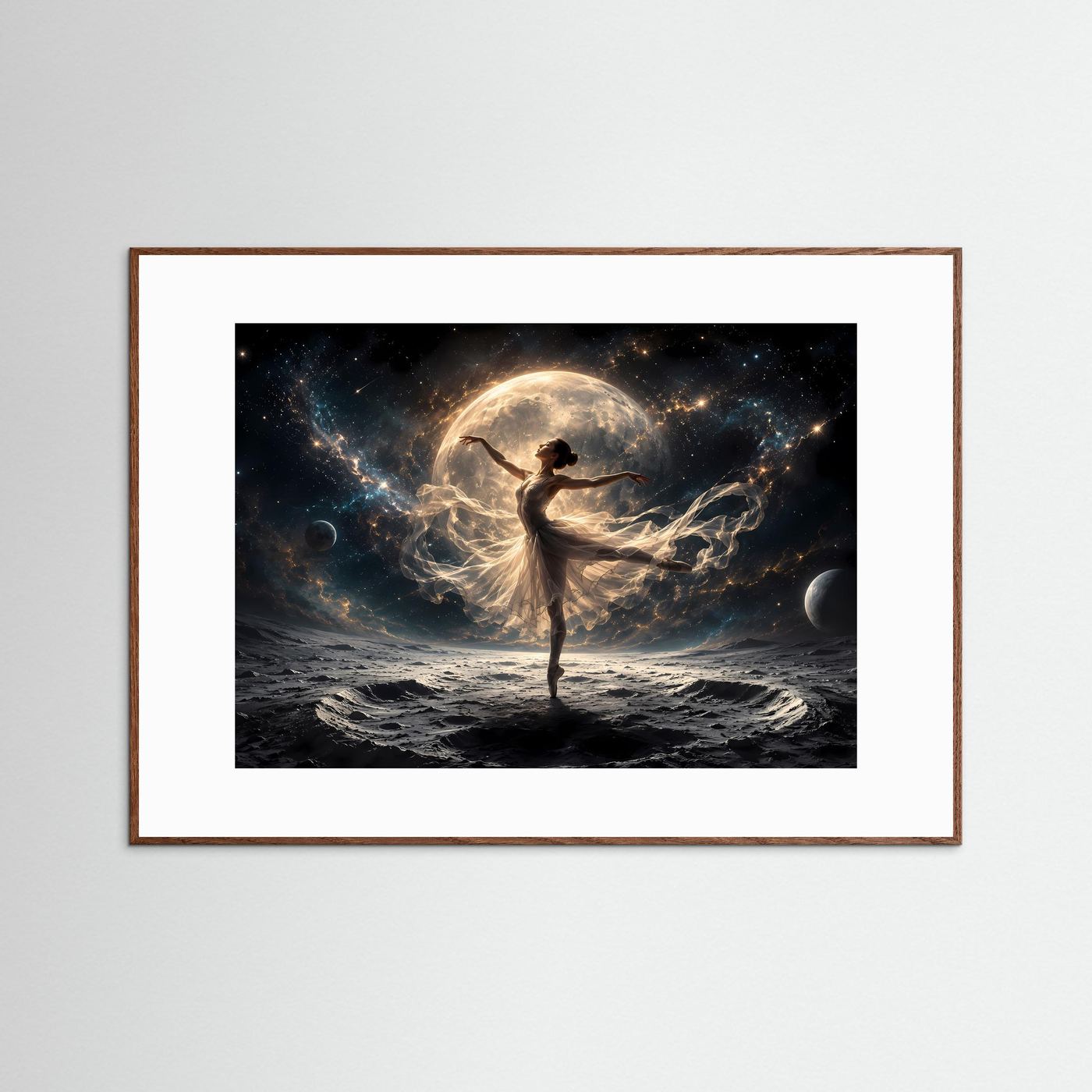 Ballerina Mond Poster | Kosmische Tanzkunst Wandbild | Moderne Fantasy Fine Art | Elegantes Universum Bild | Luxus Leinwand