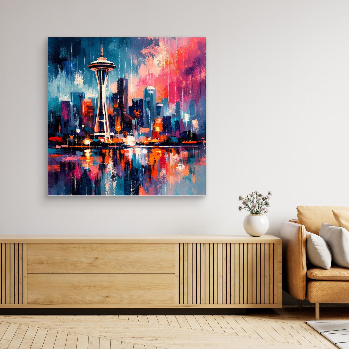 Leinwand-Wandbild mit Space Needle und Skyline bei Nacht, klare Spiegelung im Wasser