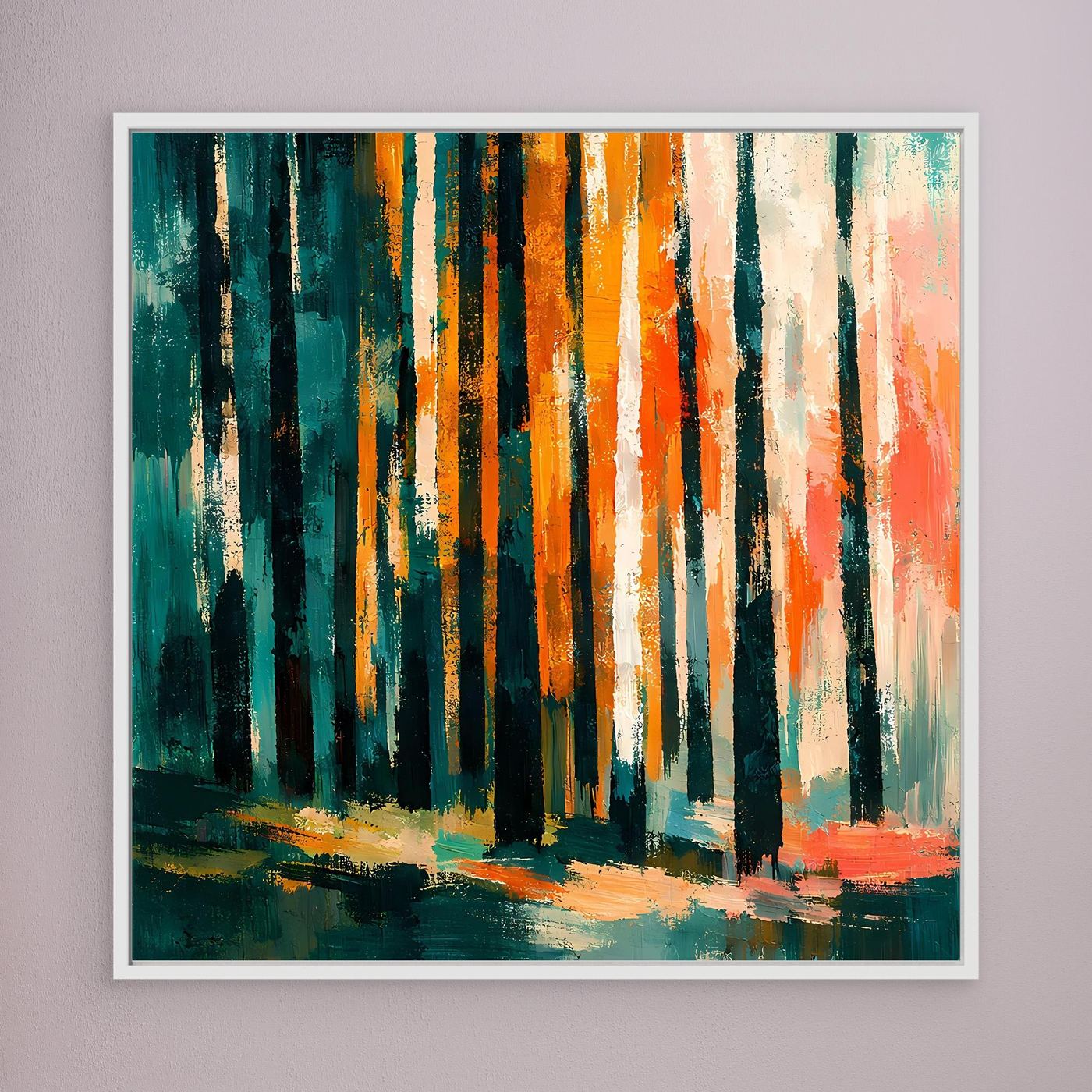 Wandbild mit abstraktem Birkenwald, weißer Rahmen, türkis-orange Baumstämme