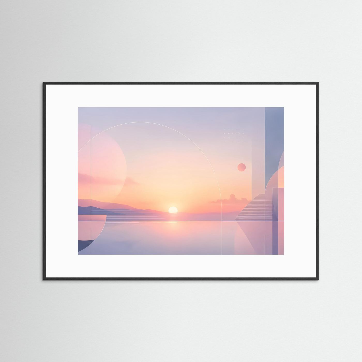 Querformat-Poster mit schwarzem Rahmen und weißem Passepartout, abstrakte Sonnenlandschaft