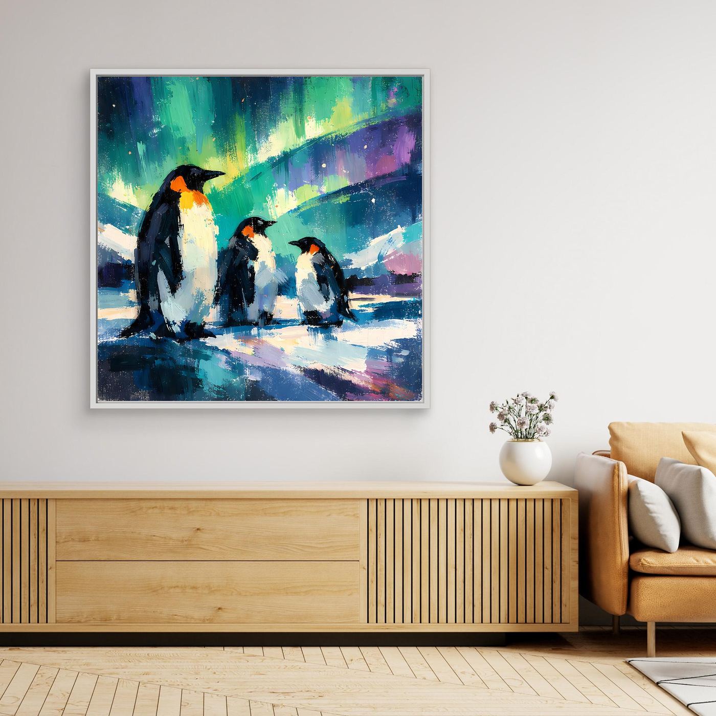Leinwand Majestätische Pinguine unter Polarlichtern | Abstraktes Antarktis & Nordlicht Wandbild