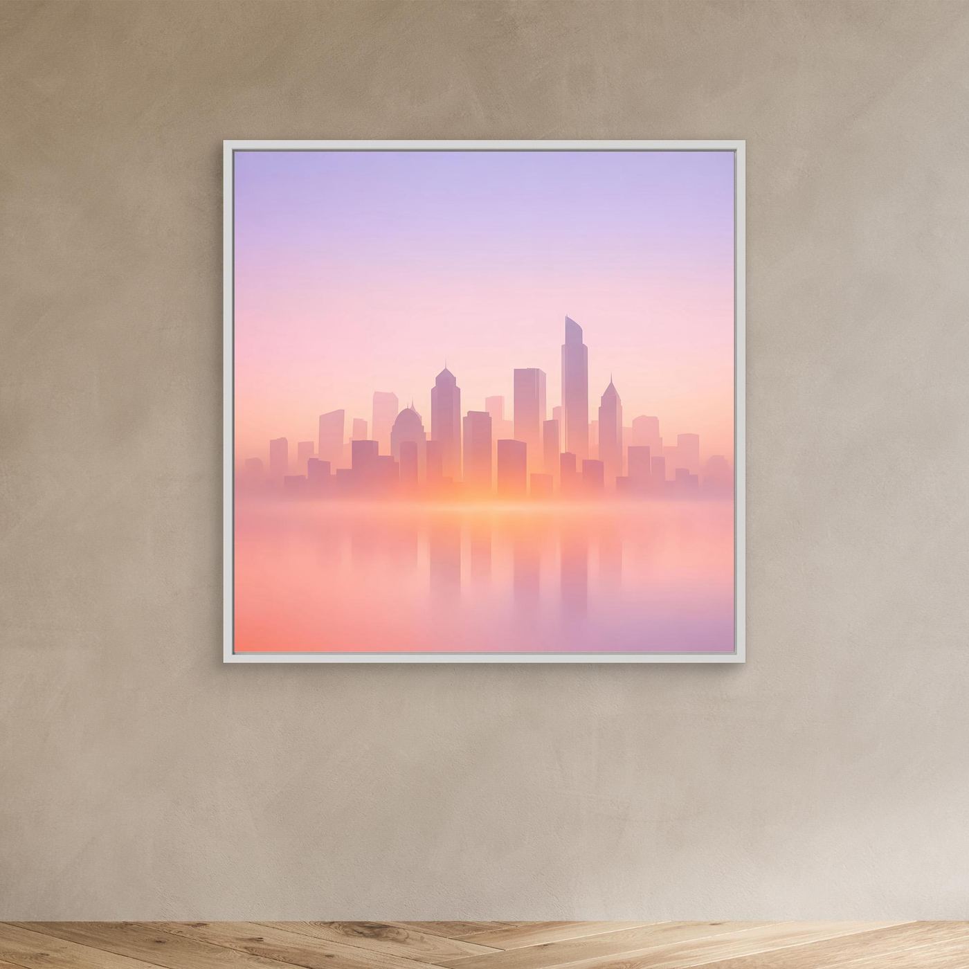Leinwand-Wandbild Skyline im Pastellrosa, weißer Rahmen, quadratisch