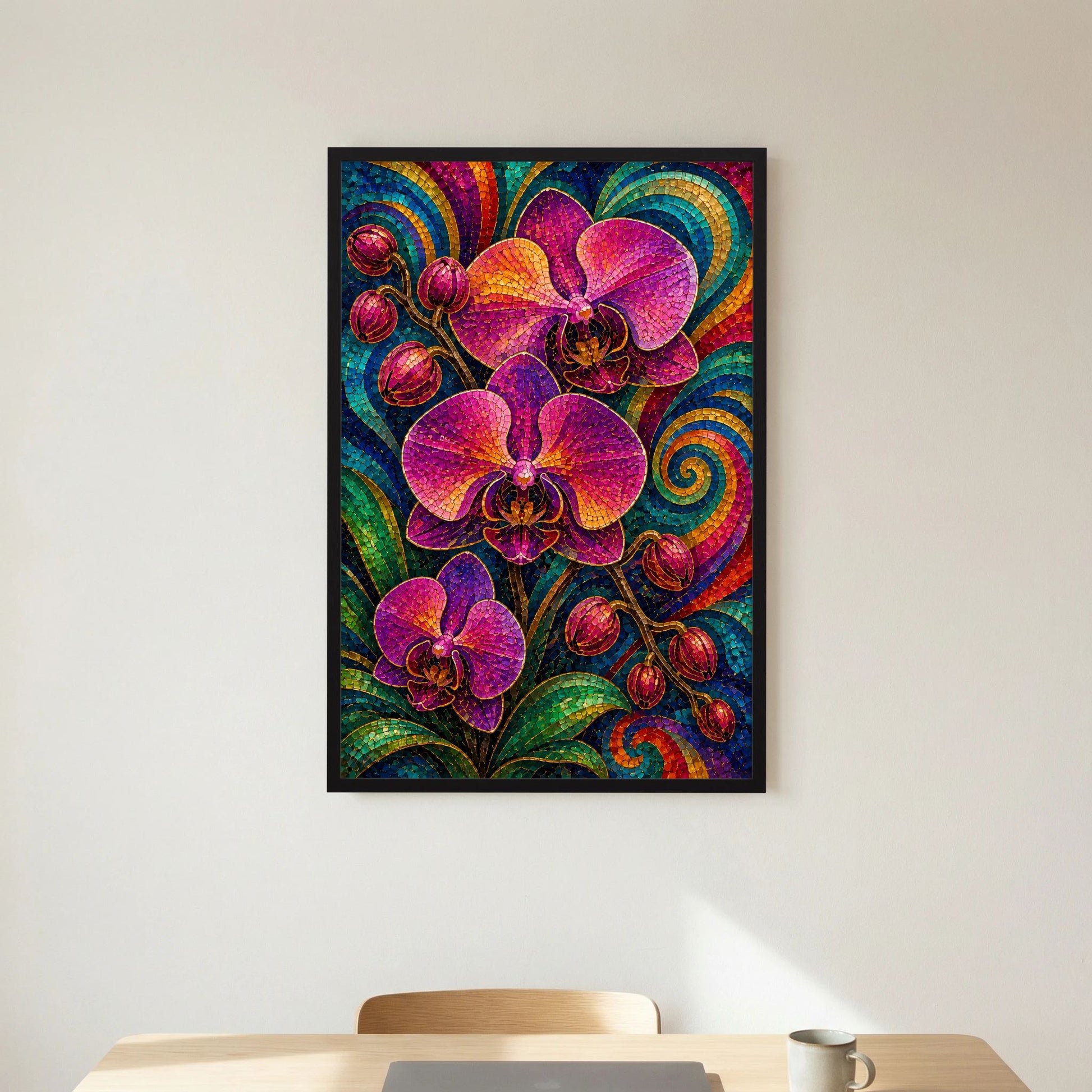 Orchideen-Mosaikposter (Hochformat) mit violetten Orchideen, im schwarzen Rahmen