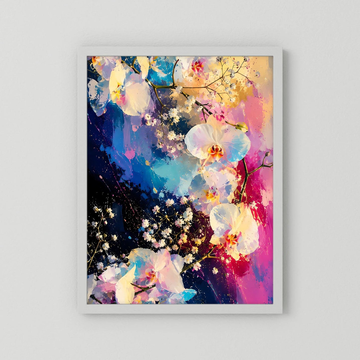Poster Hochformat mit abstrakten Orchideen in Blau und Pink im weißen Rahmen