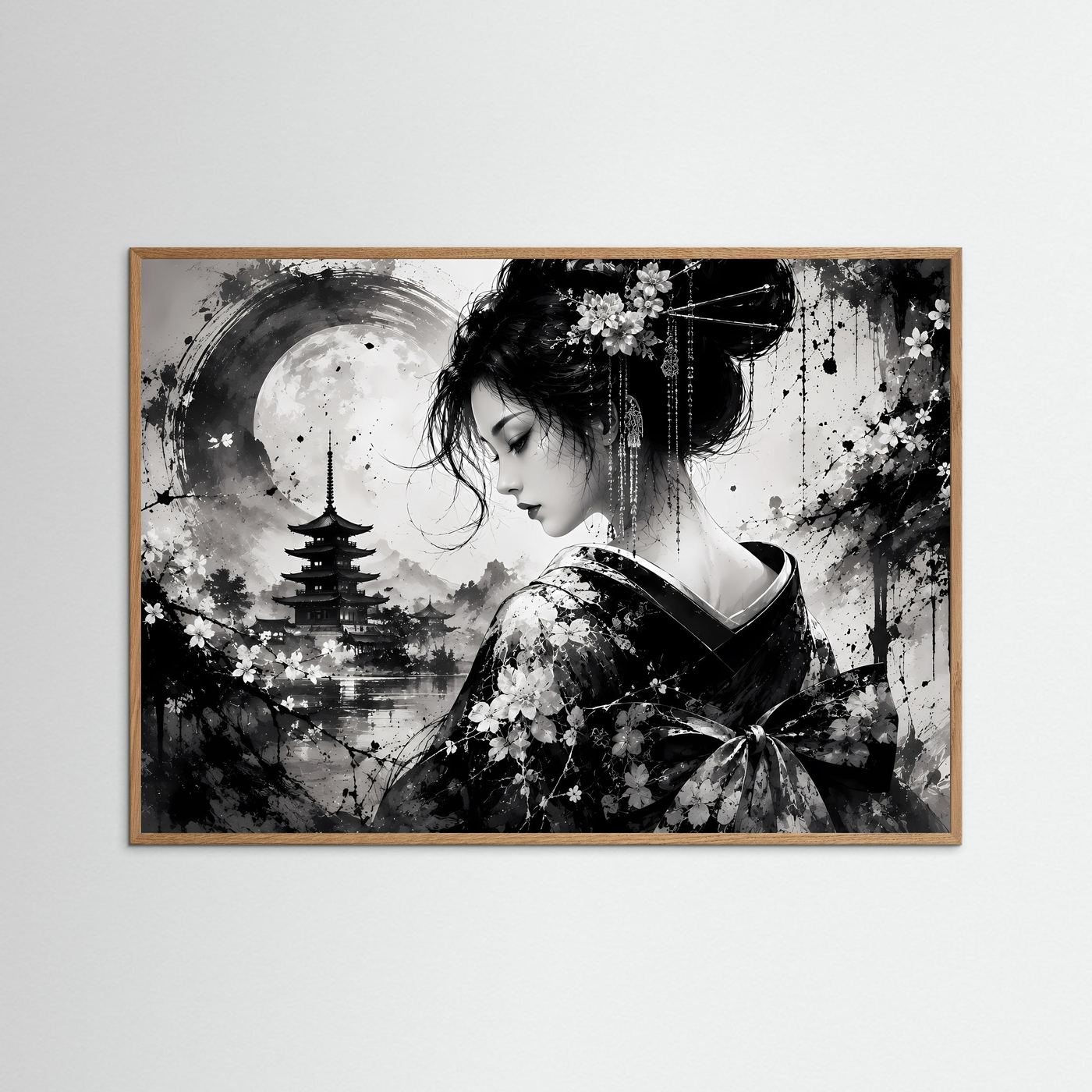 Geisha Poster Schwarz Weiß | Japanische Pagode & Vollmond | Sumi-e Wandbild | Asiatische Zen Kunst | Moderne Japan Wall Art