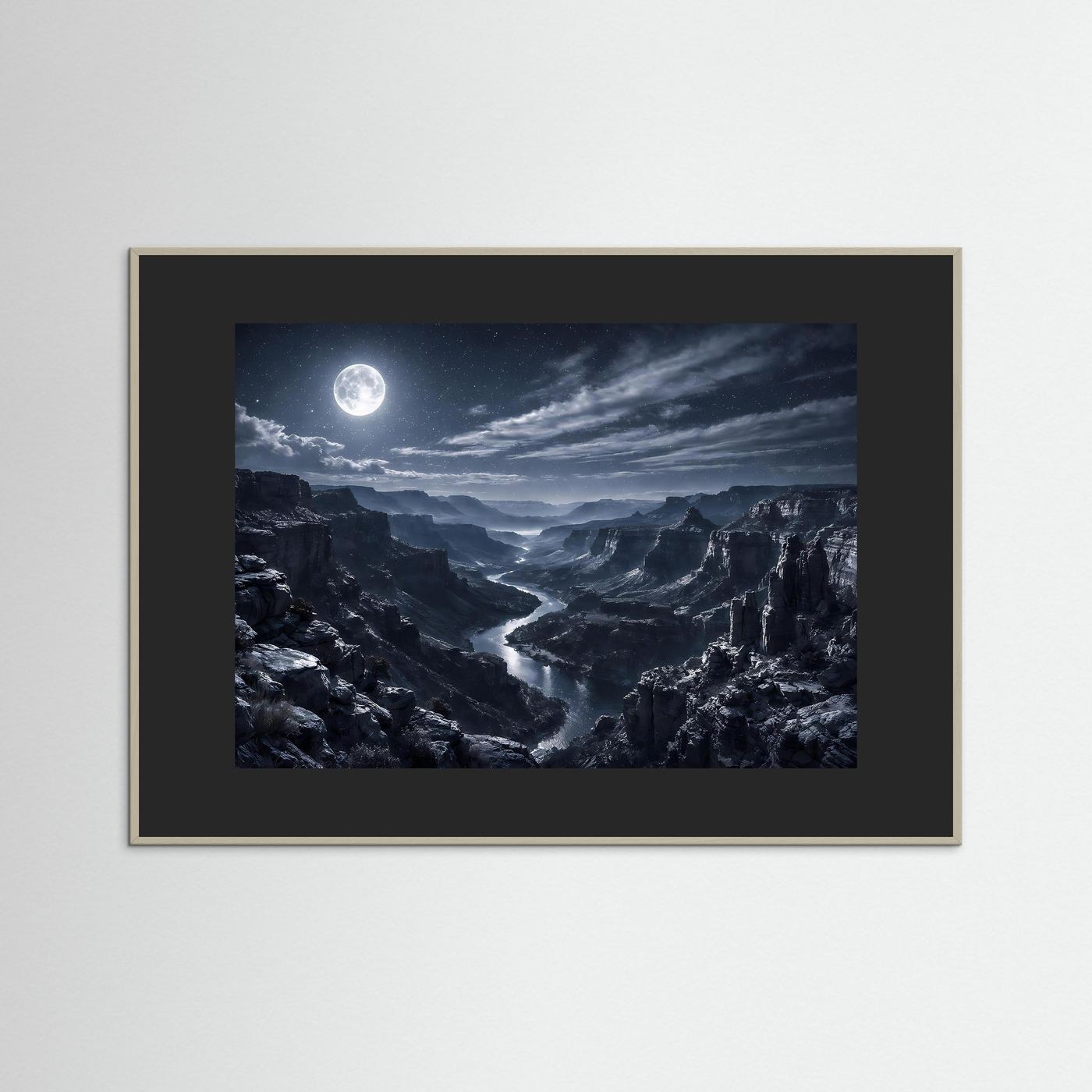 Wandbild: Canyon bei Mondschein, dunkle Felsenlandschaft mit hellem Mond, im dunklem Holzrahmen