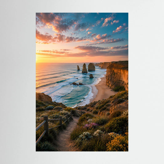 Hochkant-Poster mit Küstenlandschaft bei Sonnenuntergang, Felsnadeln am Meer