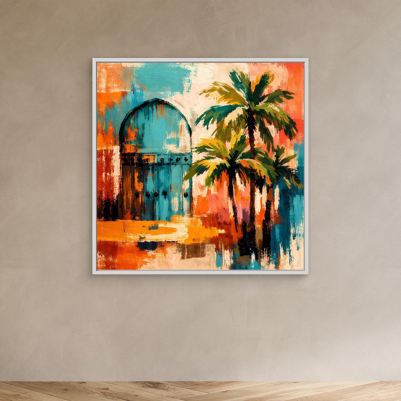 Leinwandbild mit abstraktem Tor und Palmen, heller Rahmen, türkis-orange Farbakzente