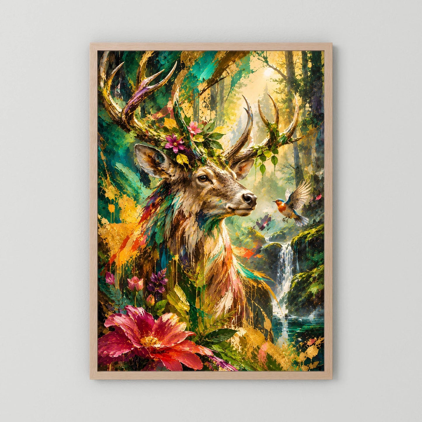 Tierposter im Hochformat: majestätischer Hirsch zwischen grünen Farbtönen, Holzrahmen