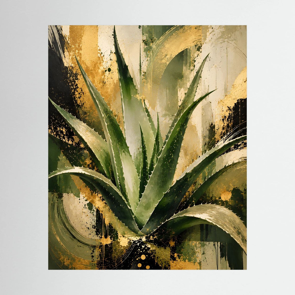 Abstraktes Aloe-Vera-Wandbild mit grünen Blättern und goldfarbenen Akzenten, ohne Rahmen