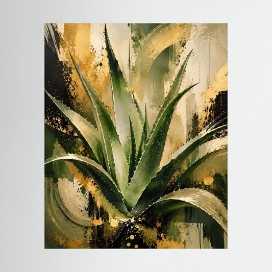 Abstraktes Aloe-Vera-Wandbild mit grünen Blättern und goldfarbenen Akzenten, ohne Rahmen