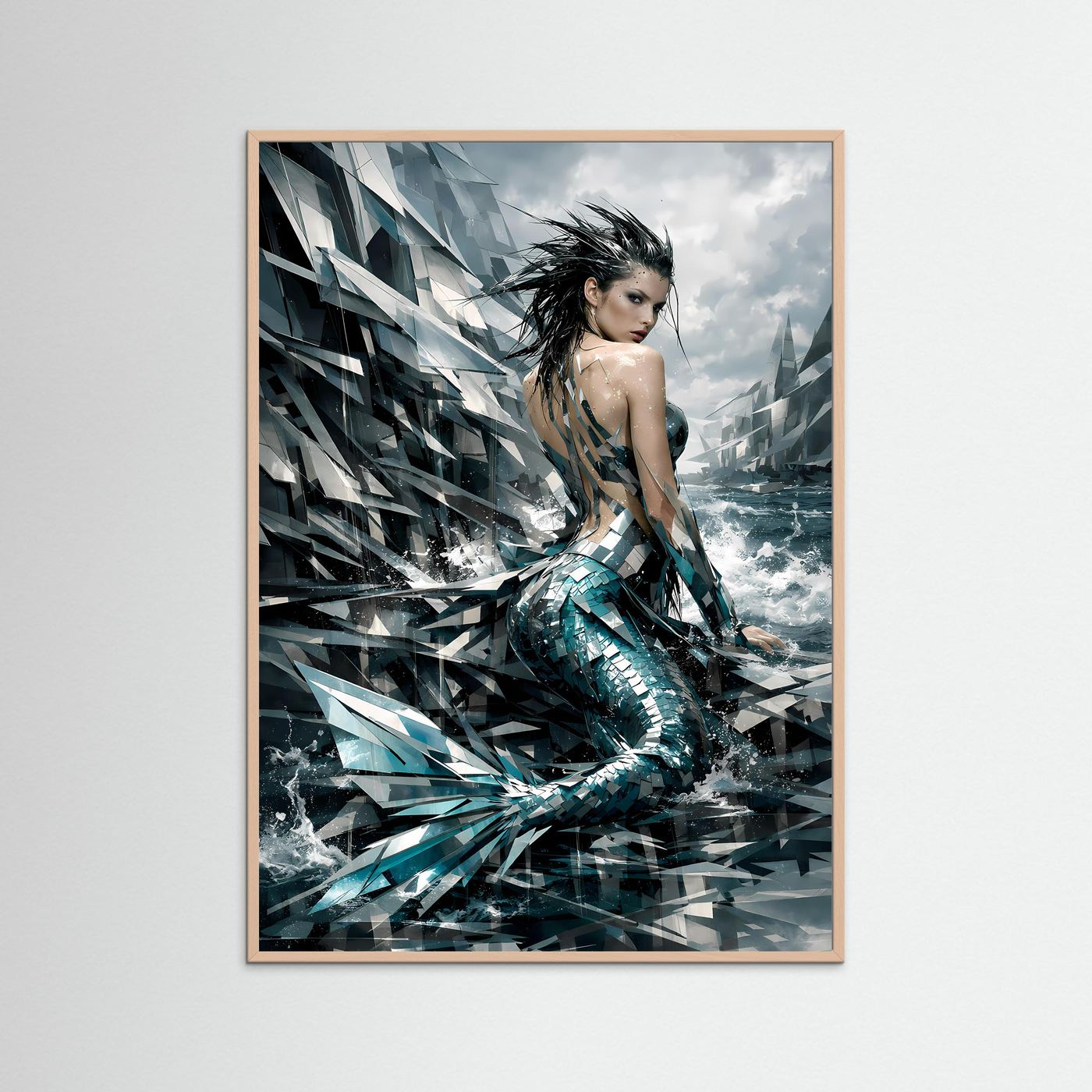 Meerjungfrau-Poster mit türkisfarbenem Schuppenmuster, heller Holzrahmen, Hochformat.