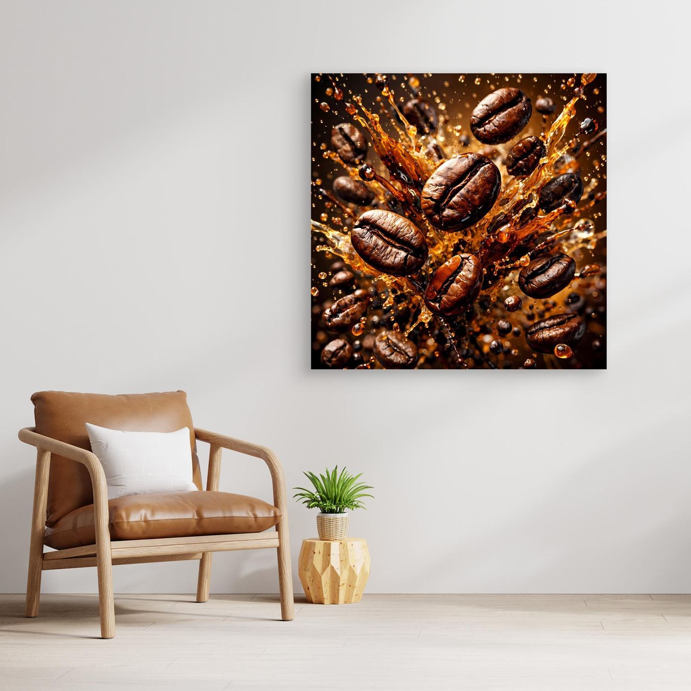 Leinwandbild mit Kaffeebohnen-Splash, braune Bohnen mit leuchtend orangefarbenem Hintergrund.