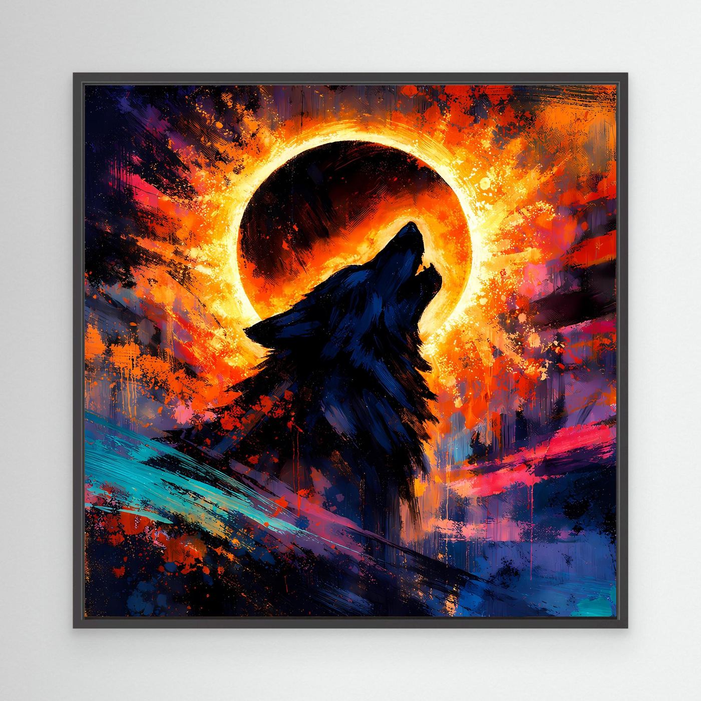 Gerahmtes Leinwand-Wandbild: heulender Wolf im Sonnenfinsternis-Ring, abstrakte Farben