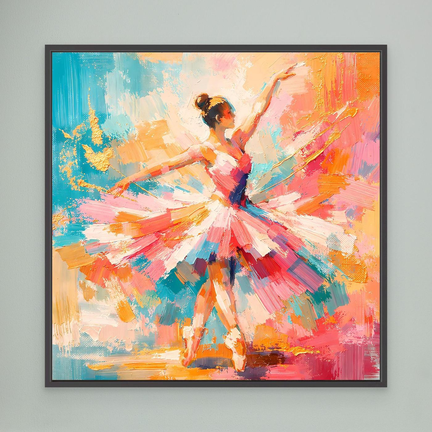 Abstraktes Leinwandbild mit Ballerina, buntes Kleid, schwarzer Rahmen