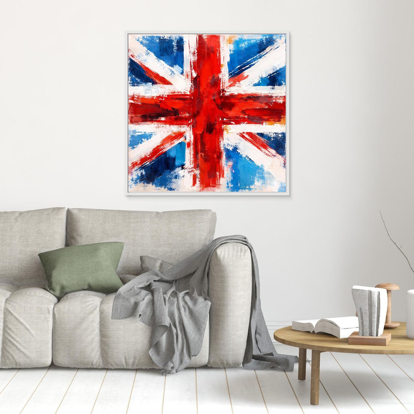 Abstract Union Jack canvas wall art with white frame, textured red cross on blue sections