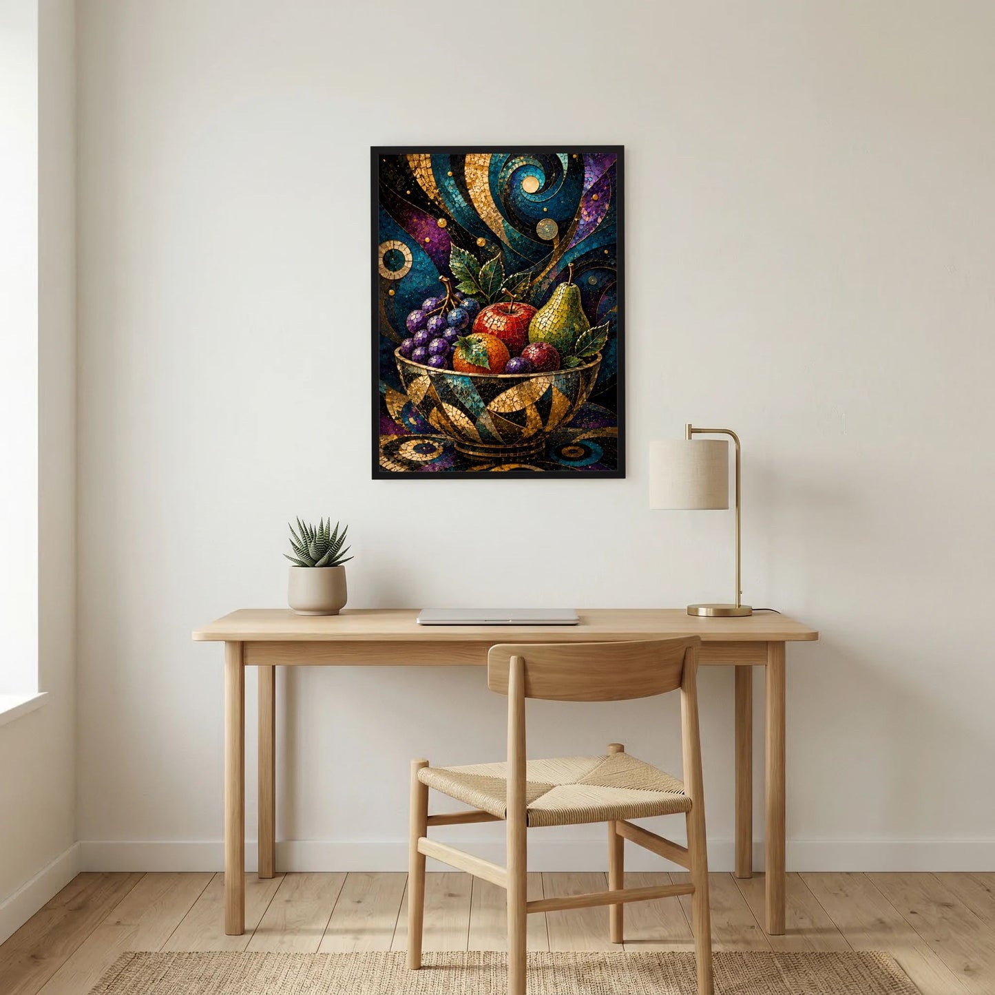 Hochformat-Poster: bunte Obstschale im Mosaikstil mit goldenen Verzierungen im schwarzen Rahmen