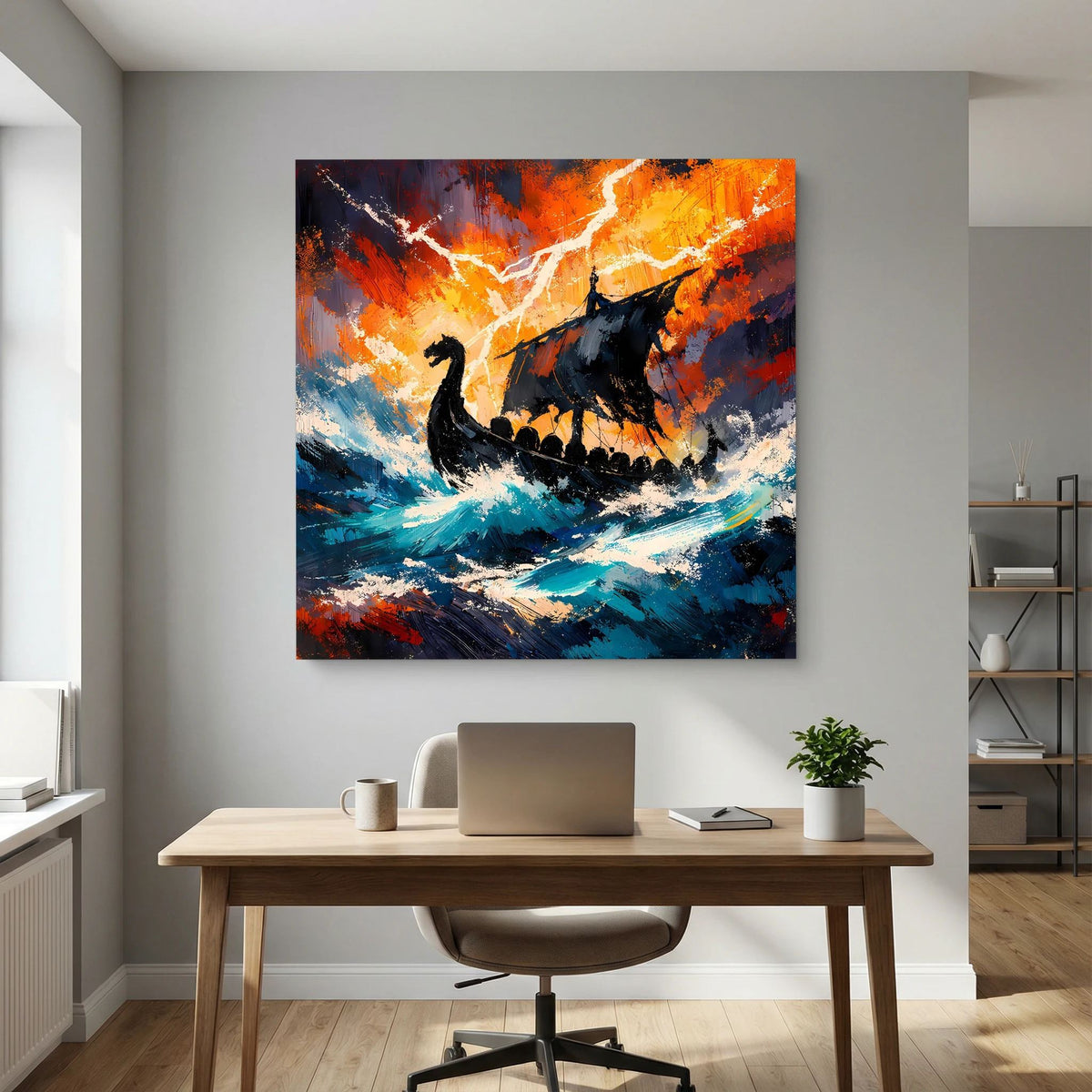 Keilrahmen-Leinwand mit Wikinger-Langschiff, orange Gewitterlicht, blaue Wellen und weißer Blitz