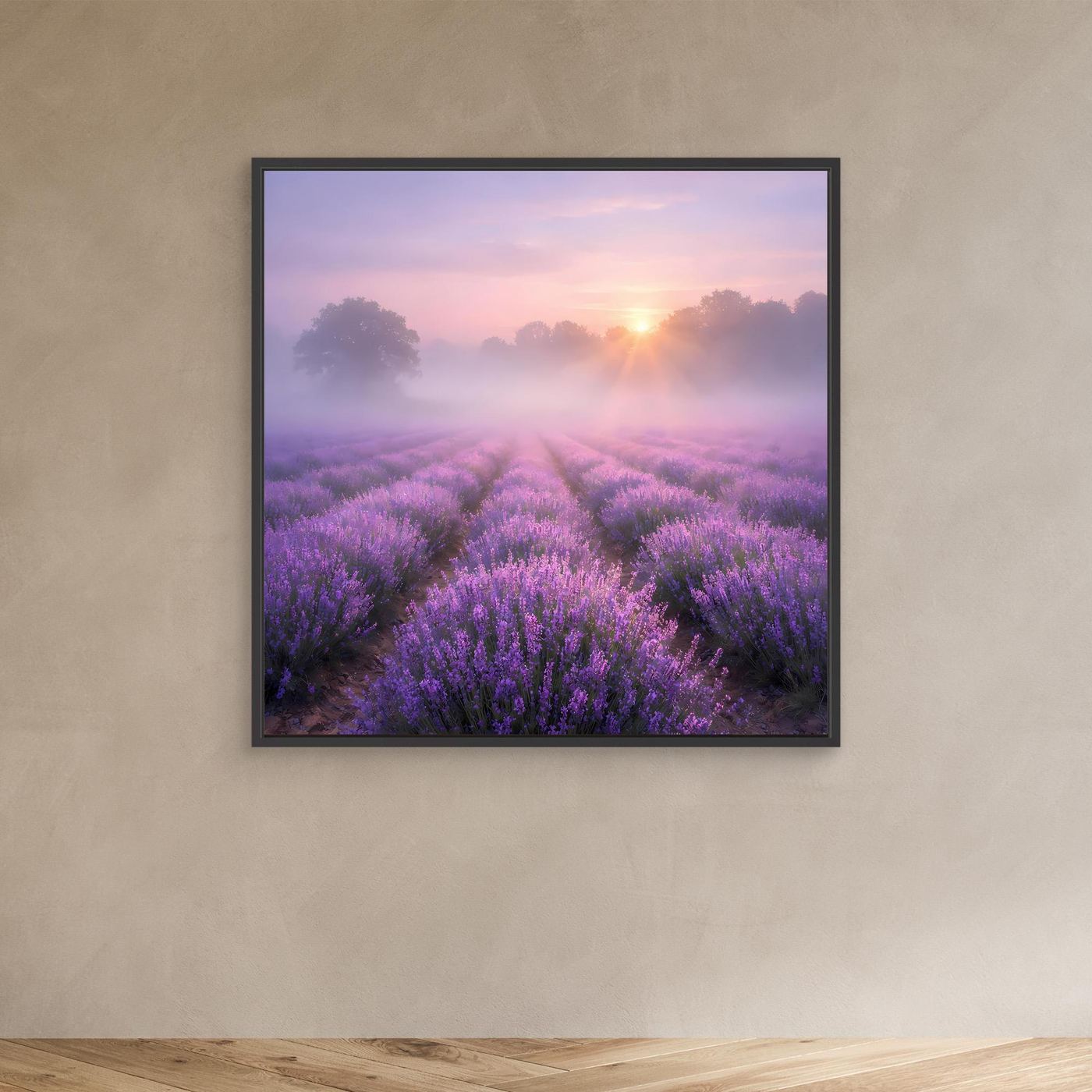 Rechteckiges Leinwandbild mit Lavendelfeld im Nebel und Sonnenaufgang, schwarzer Rahmen