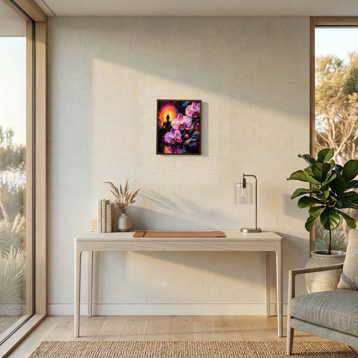 Neon-Kunstposter an der Wand: Buddha-Silhouette, Orchideen in Pink/Violett, leuchtende Aura