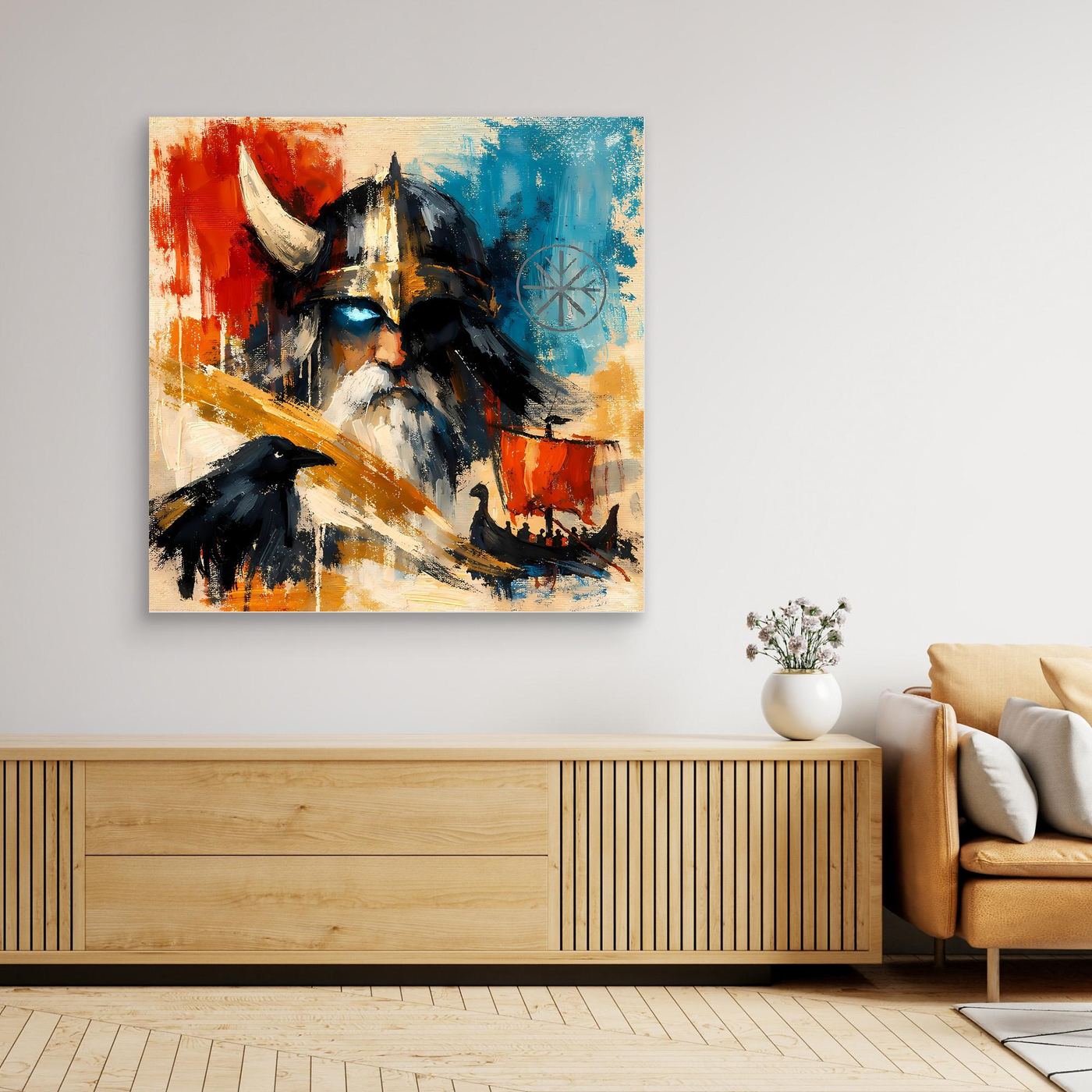 Nordic canvas wall art of a Viking warrior with raven, close-up abstract red, blue, and black