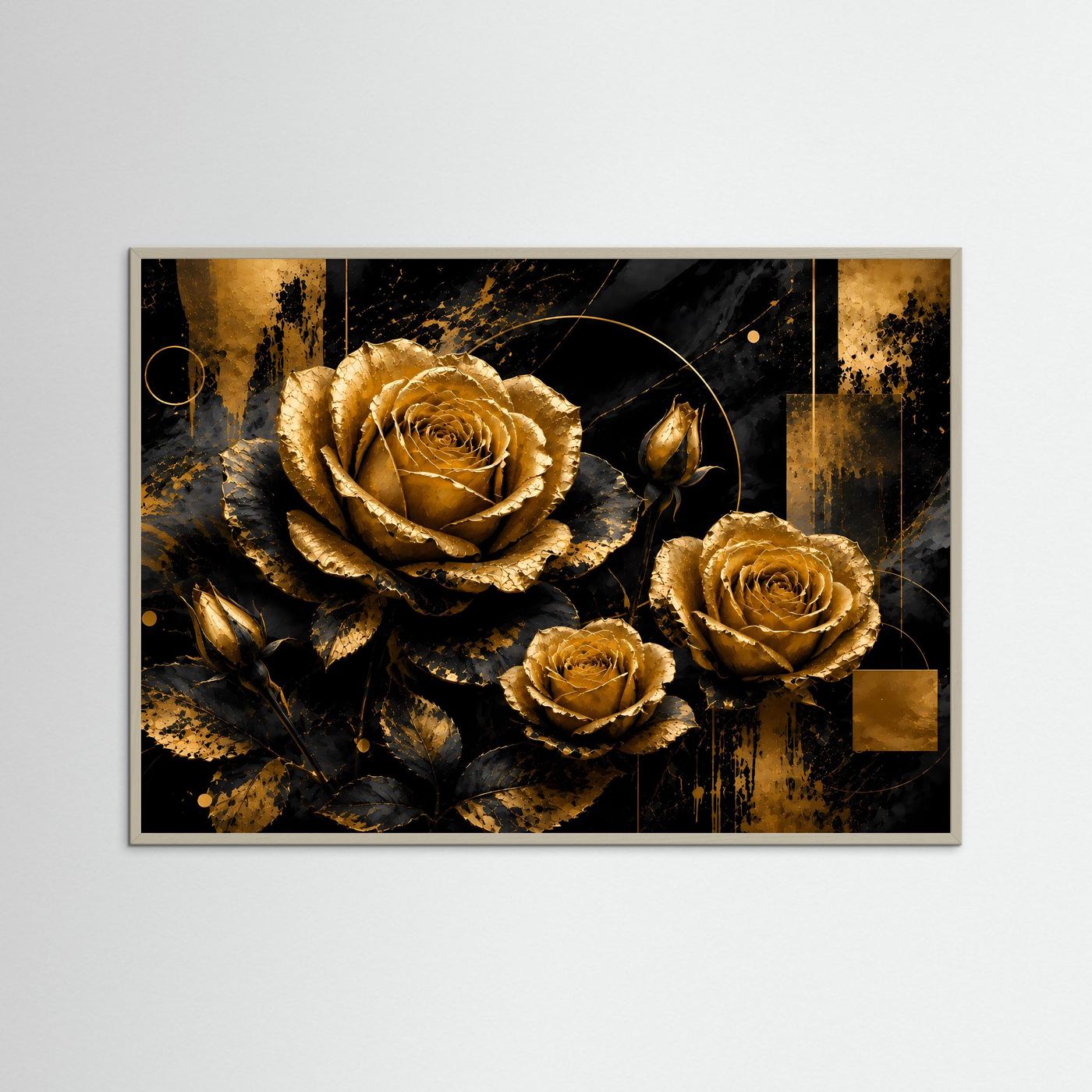 Gerahmtes Poster mit goldenen Rosen auf schwarzem Hintergrund, heller Holzrahmen, ohne weißen Rand