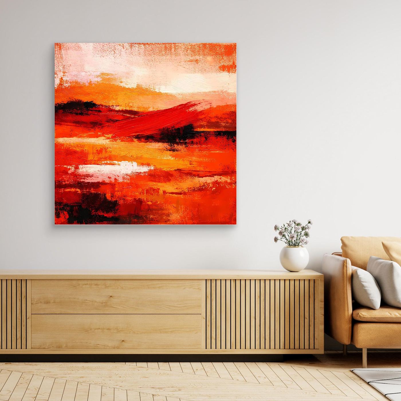 Großes abstraktes Leinwand-Wandbild in Rot-Orange mit dunklen Pinselbereichen