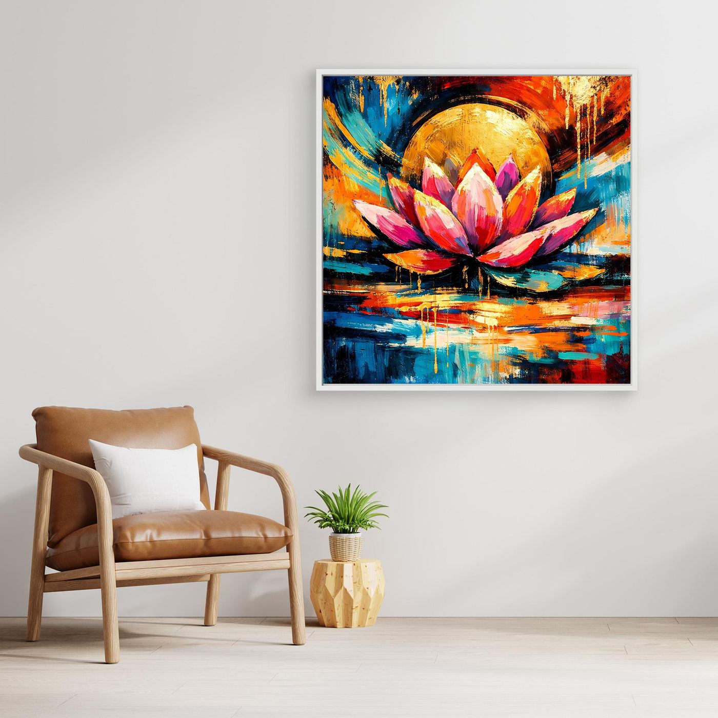 Gerahmtes abstraktes Pop-Art Leinwandbild mit Lotusblüte im Mittelpunkt, kräftige Farbflächen