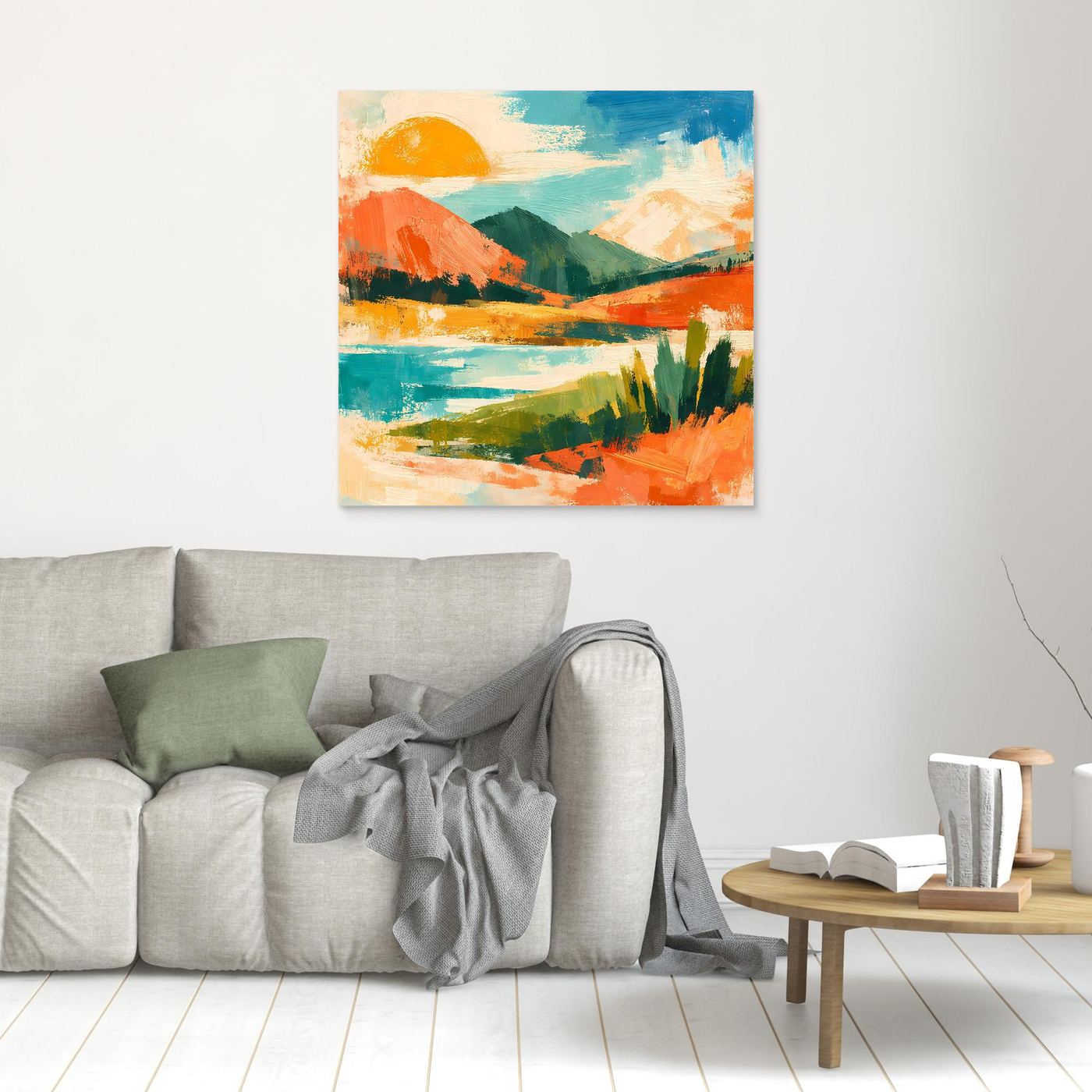 Kleines Wandbild auf Leinwand: abstrakte See- und Sonnenlandschaft mit bunten Pinselstrichen