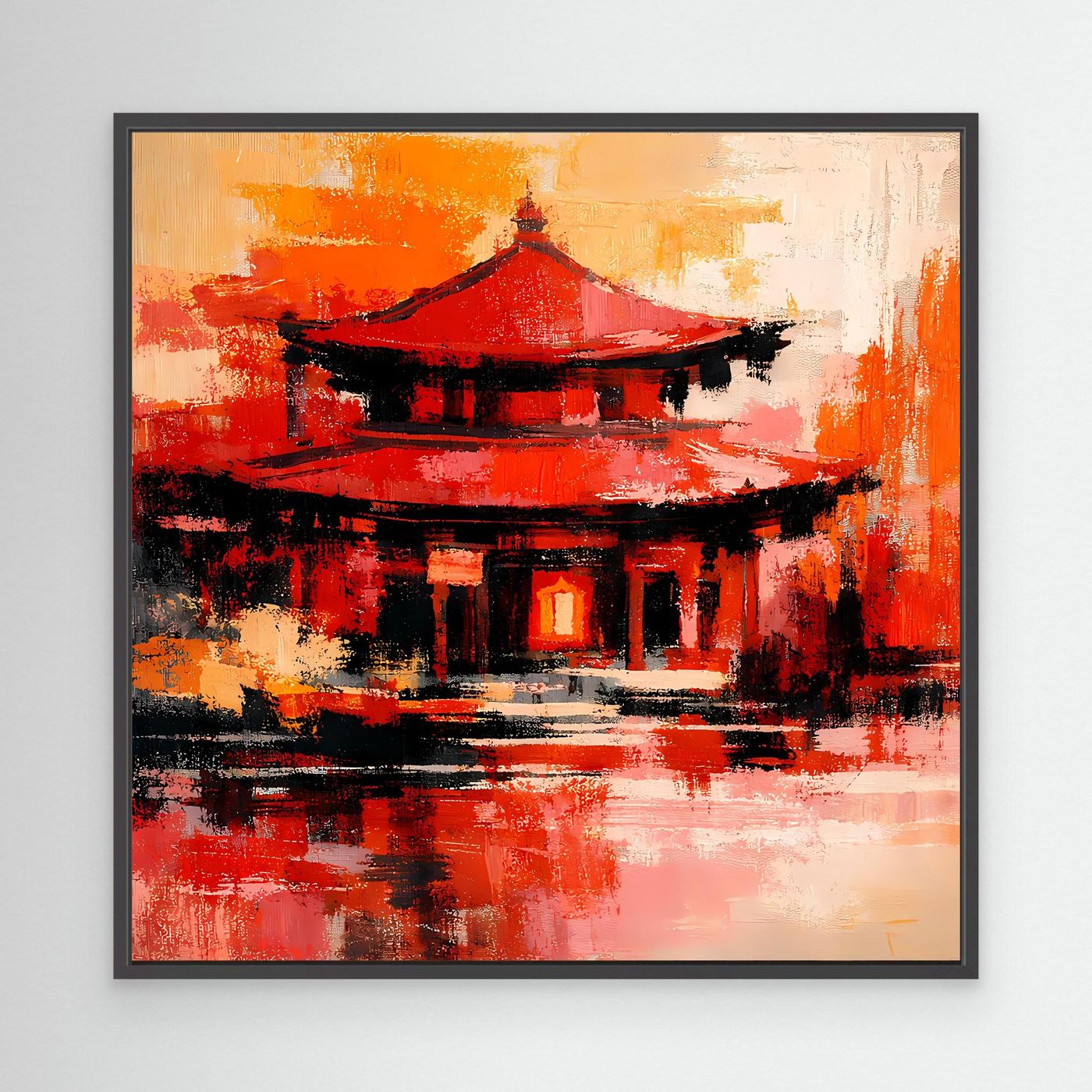 Abstraktes Wandbild mit Pagode in Rot-Orange und schwarzer Silhouette, im schwarzen Rahmen