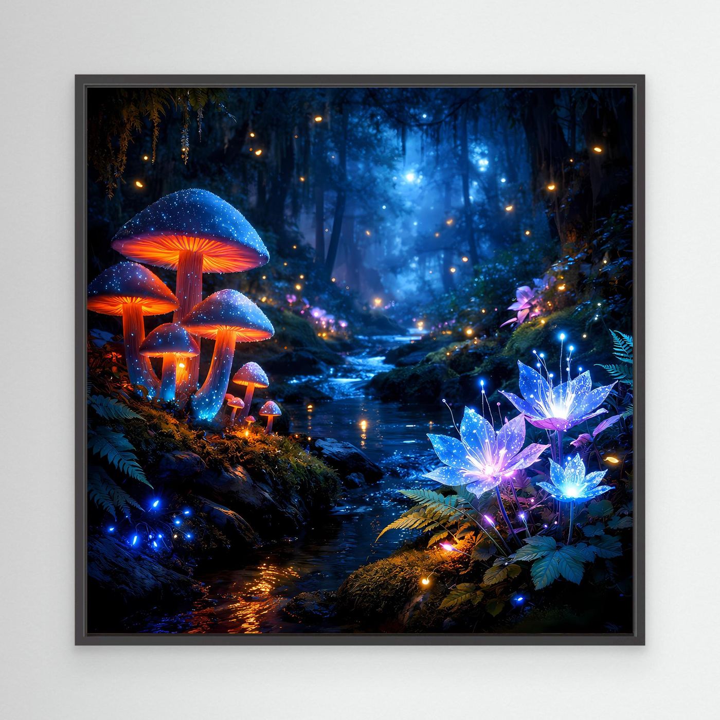 Leinwandbild im schwarzen Rahmen mit leuchtenden Pilzen und blauem Zauberwald