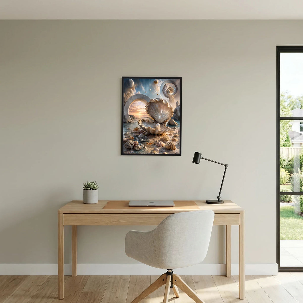 Gerahmtes Poster mit Muschel und Perle, kreisförmige Strukturen und Goldakzente