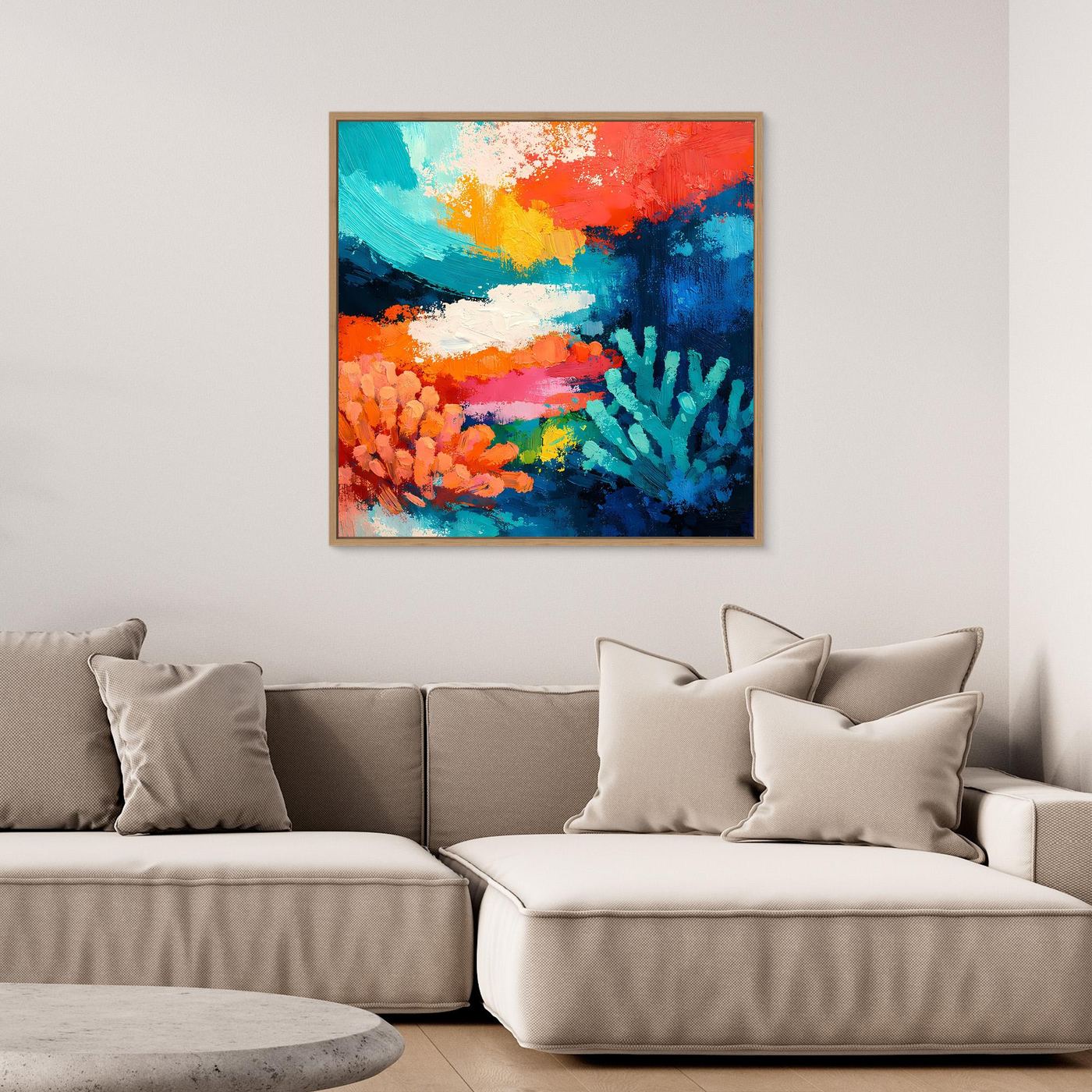 Abstraktes Leinwand-Wandbild mit Korallenriff-Motiv in Blau, Orange und Grün, mit braunem Rahmen