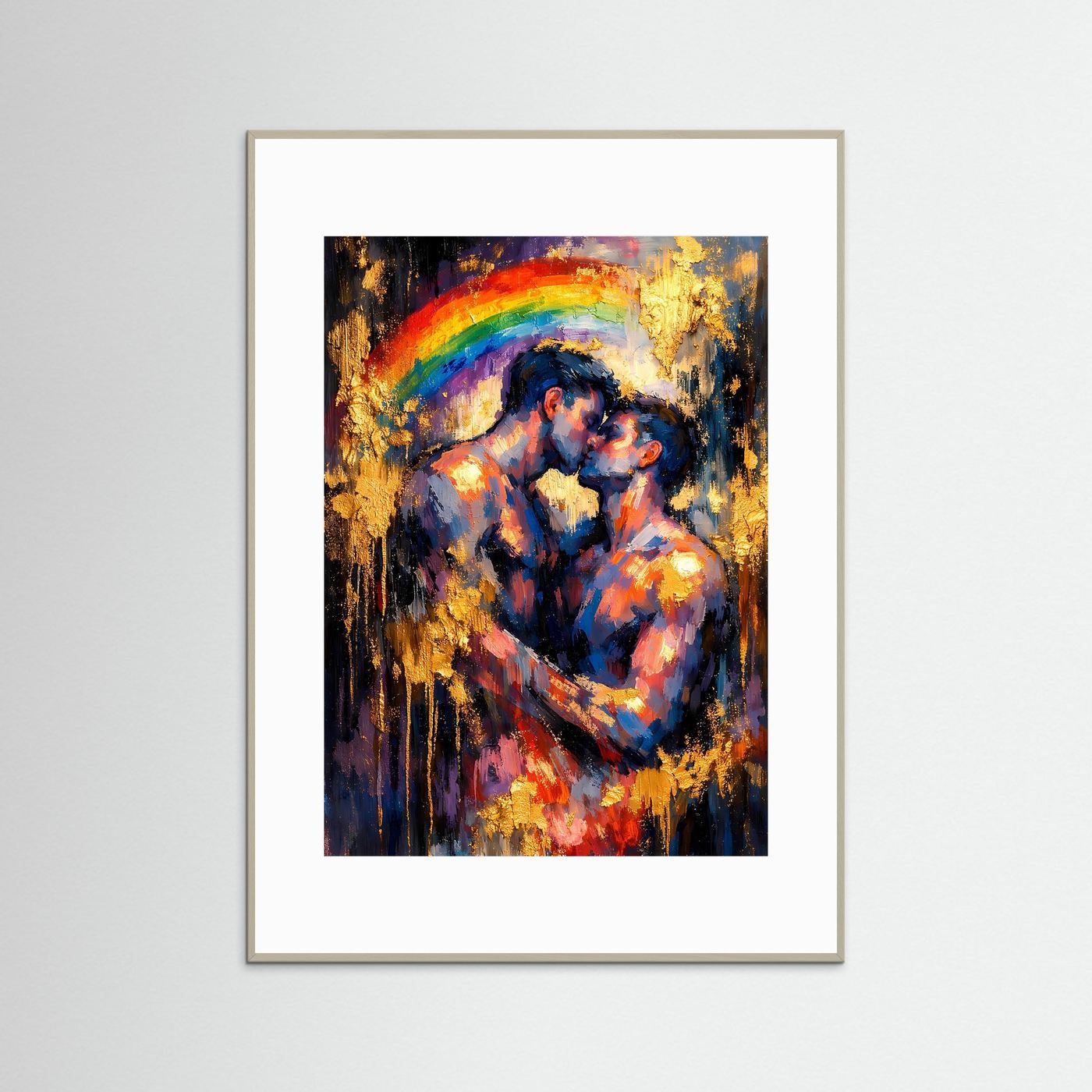 Poster im Hochformat mit Regenbogenbogen und Goldakzenten im grauen Rahmen