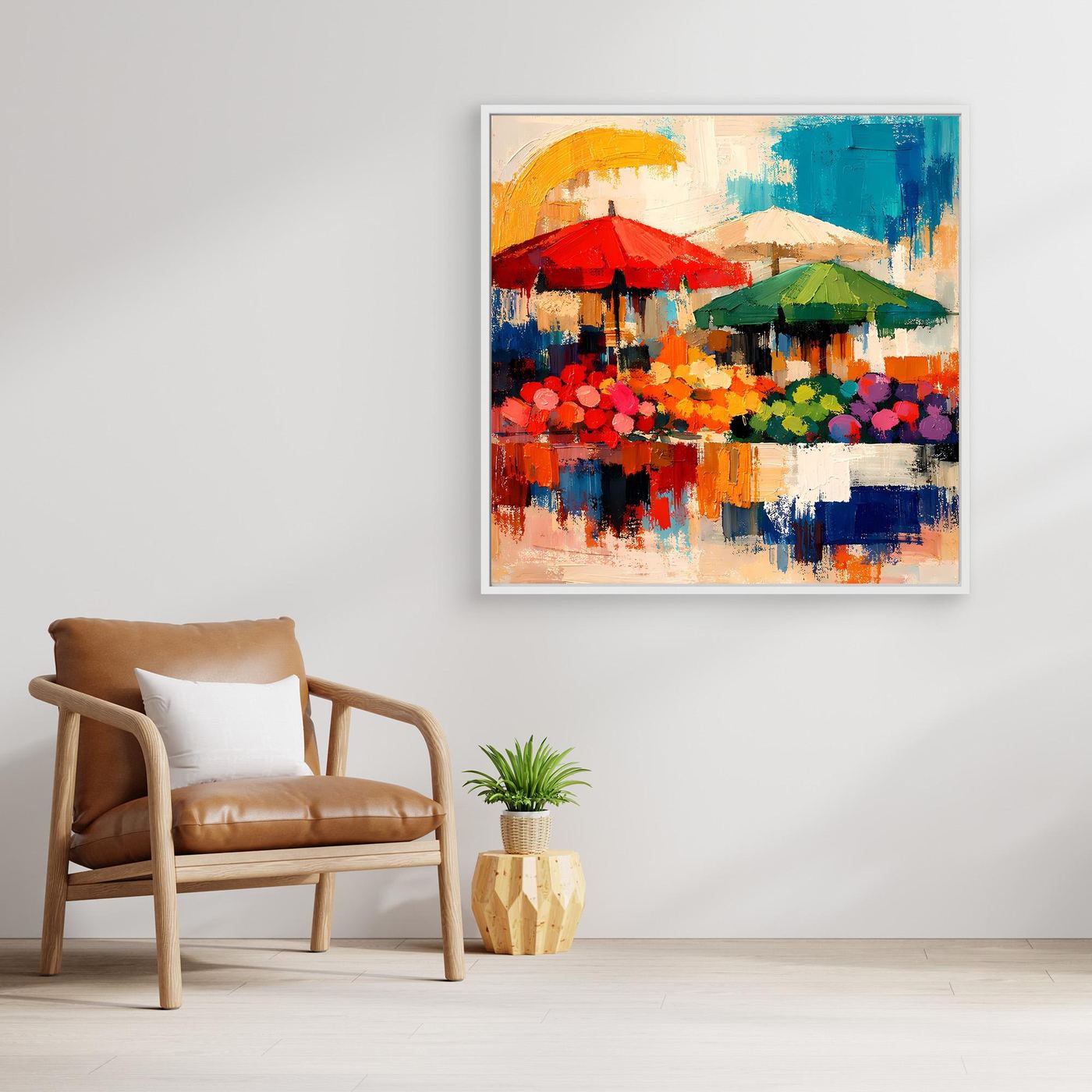 Leinwand-Wandbild mit abstrakter Marktszene, farbige Sonnenschirme, ohne Rahmen