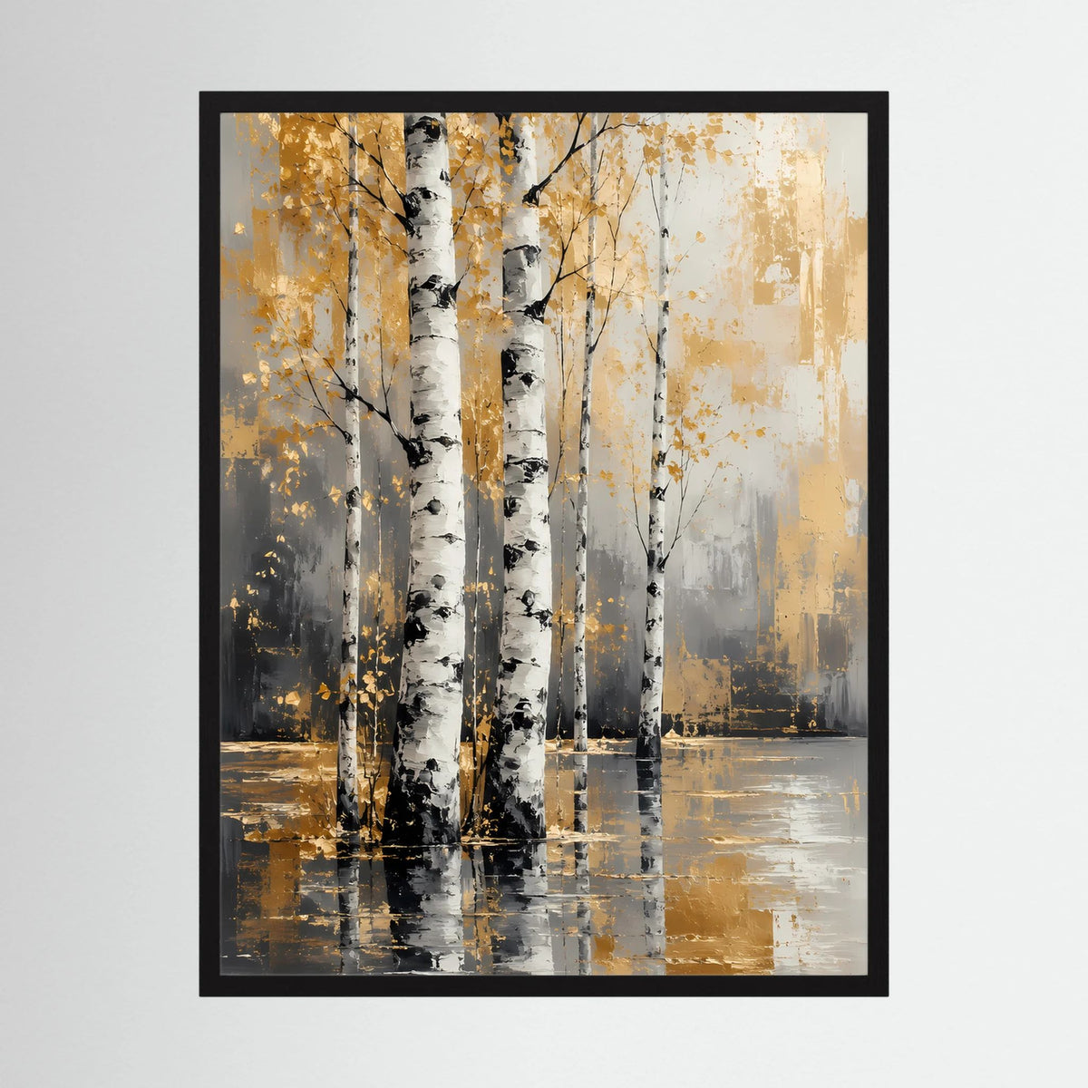 Gerahmtes Hochformat-Poster: abstrakte Birken in Weiß und Gold mit Wasserreflexion