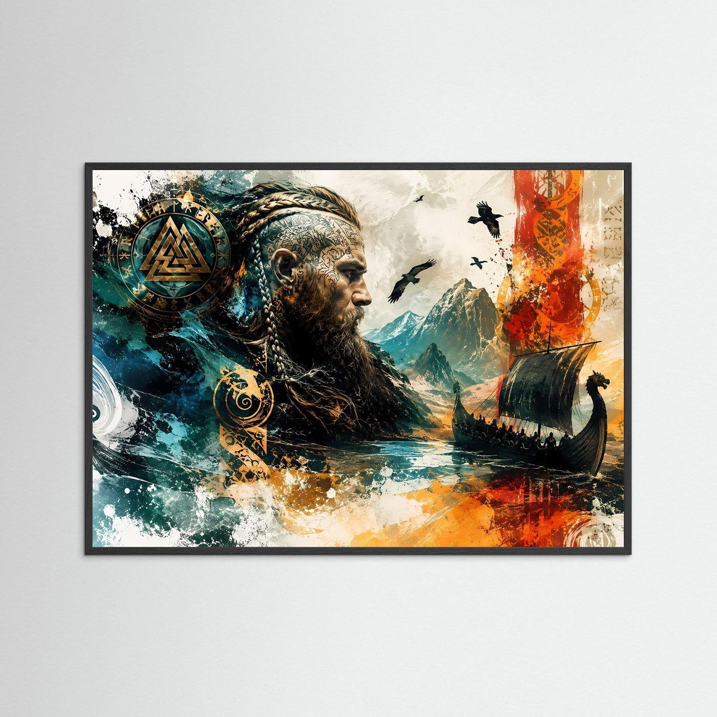 Wikinger Poster | Nordische Mythologie Wandbild | Viking Schiff & Runen | Abstrakte Fantasy Kunst | Leinwand Modern
