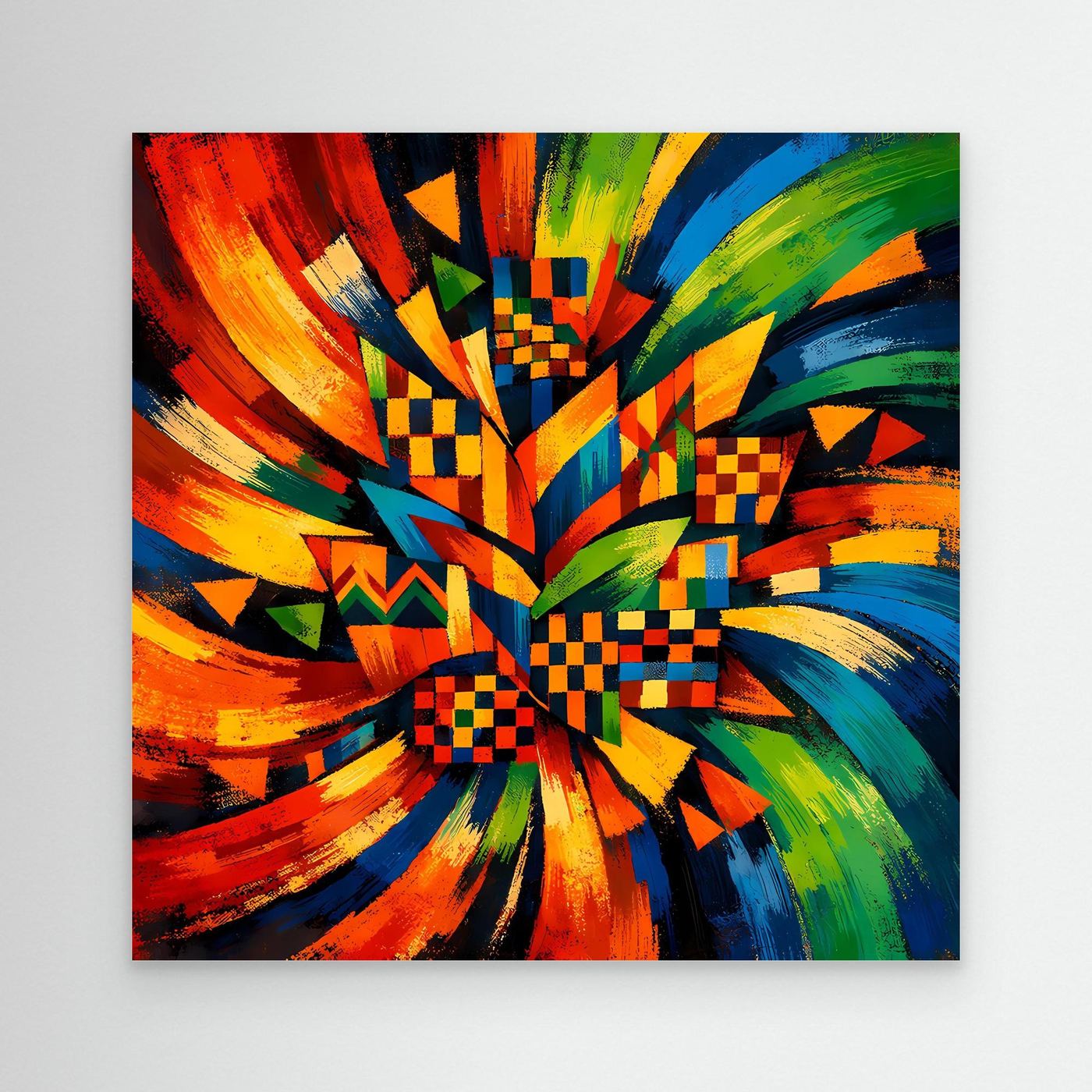 Buntes Leinwandbild mit explosiver geometrischer Musterung und Strahlenoptik