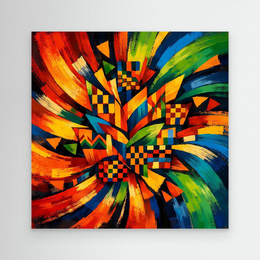 Buntes Leinwandbild mit explosiver geometrischer Musterung und Strahlenoptik