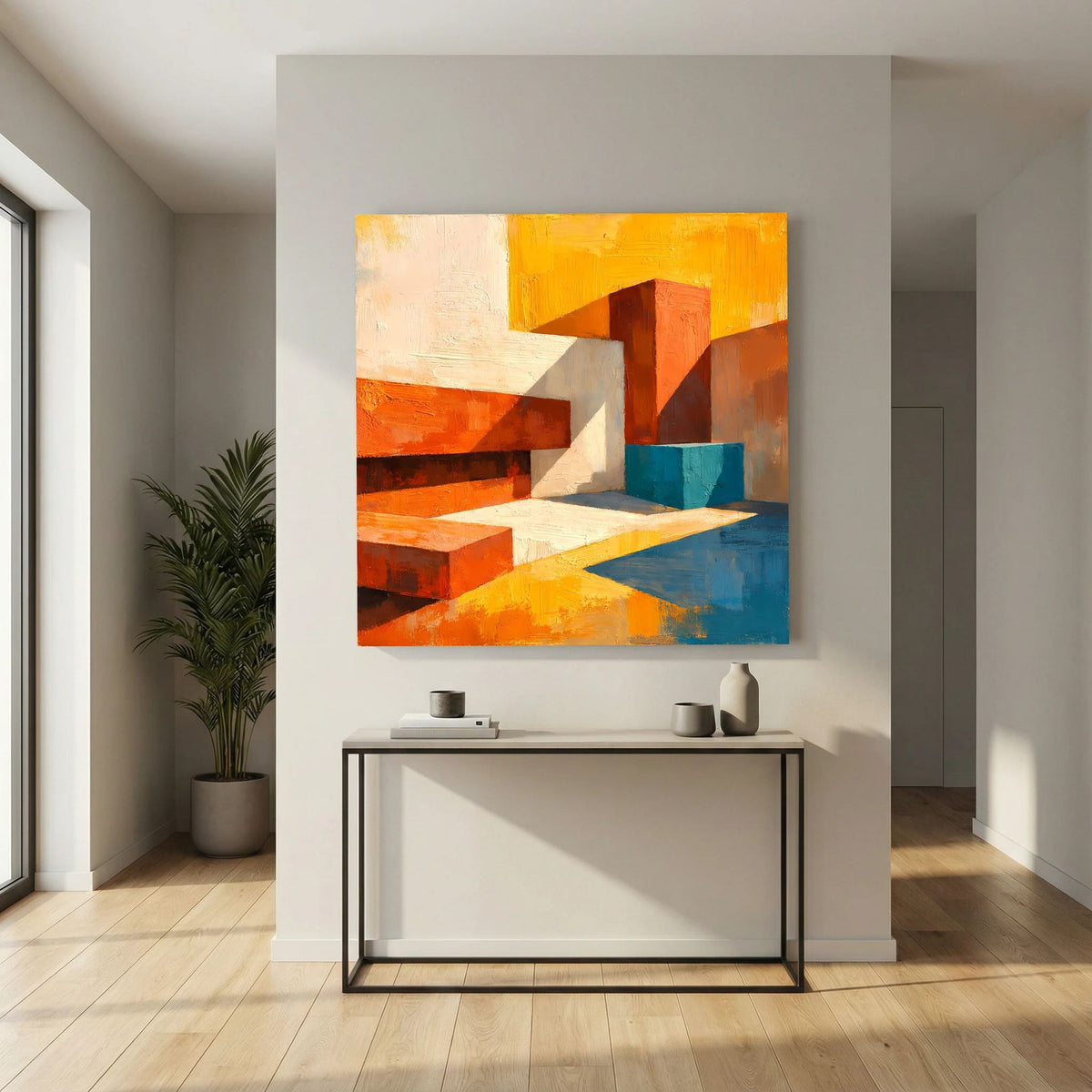 Abstraktes Leinwand-Wandbild: Linsenartige Blockformen in Orange, Weiß und Blau