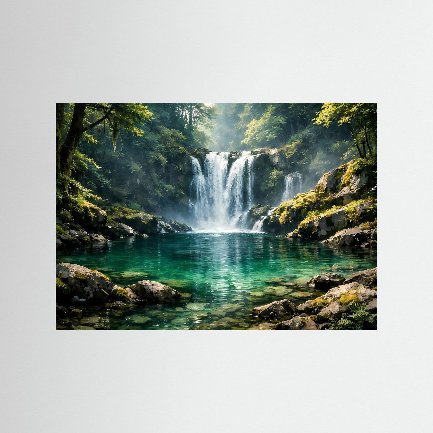 Idyllischer Wasserfall im Zauberwald | Natur Panorama Wandbild & Kunst Poster Querformat