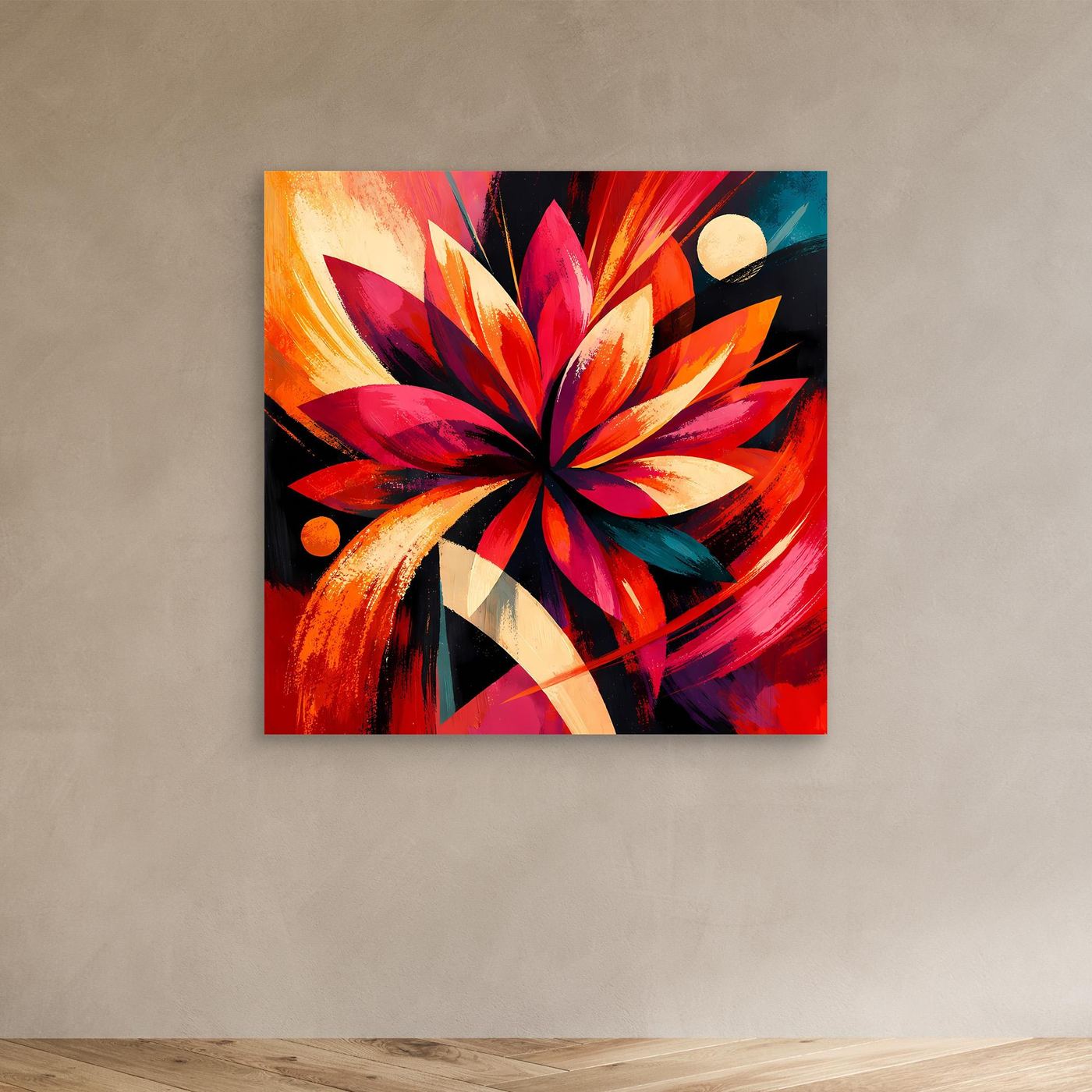 Leinwandbild mit abstrakter Blüte in Rot, Orange und Pink, mit schwarzen Linien und Punkten