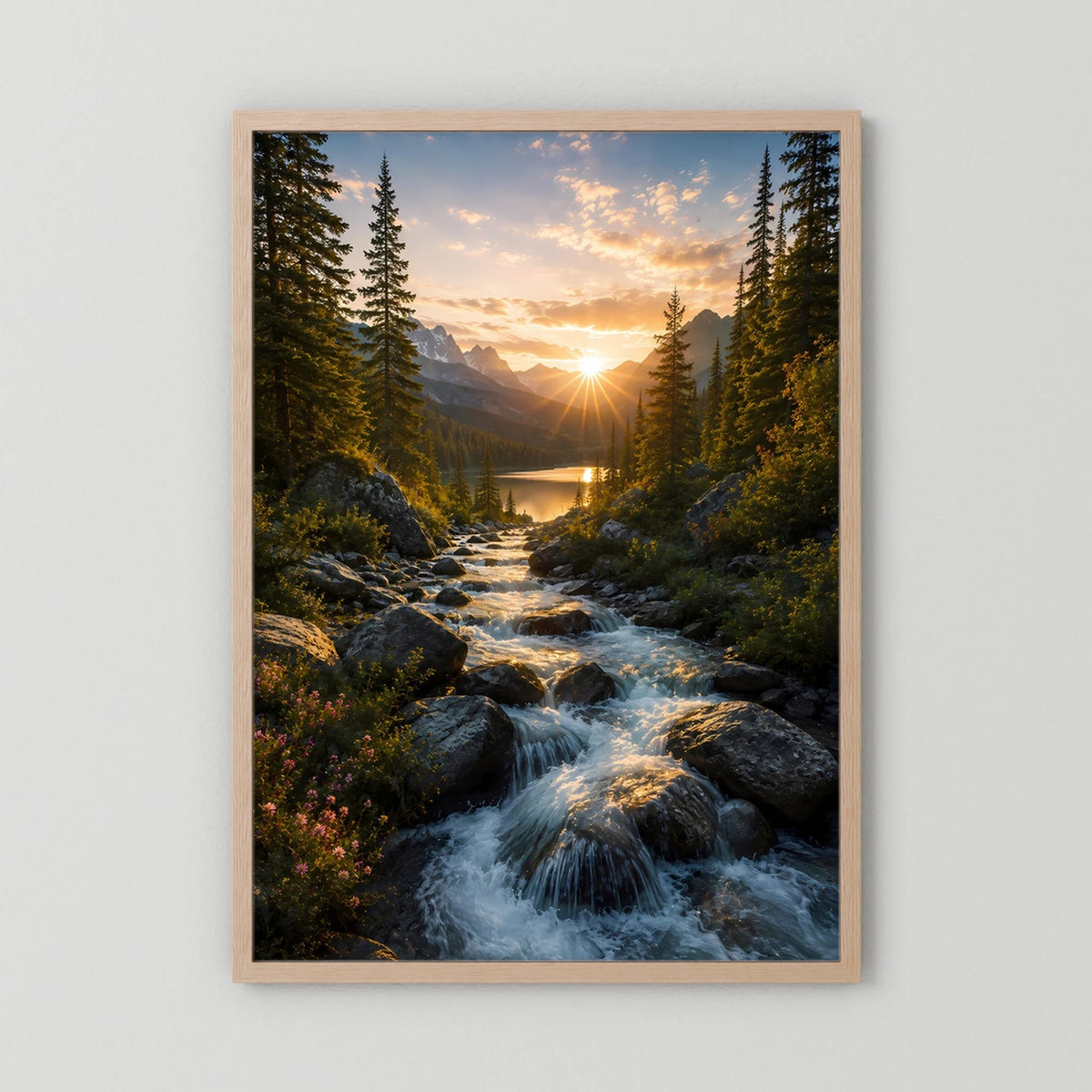 Hochformat-Poster im beigen Holzrahmen: Wasserlauf im Wald bei Sonnenuntergang.