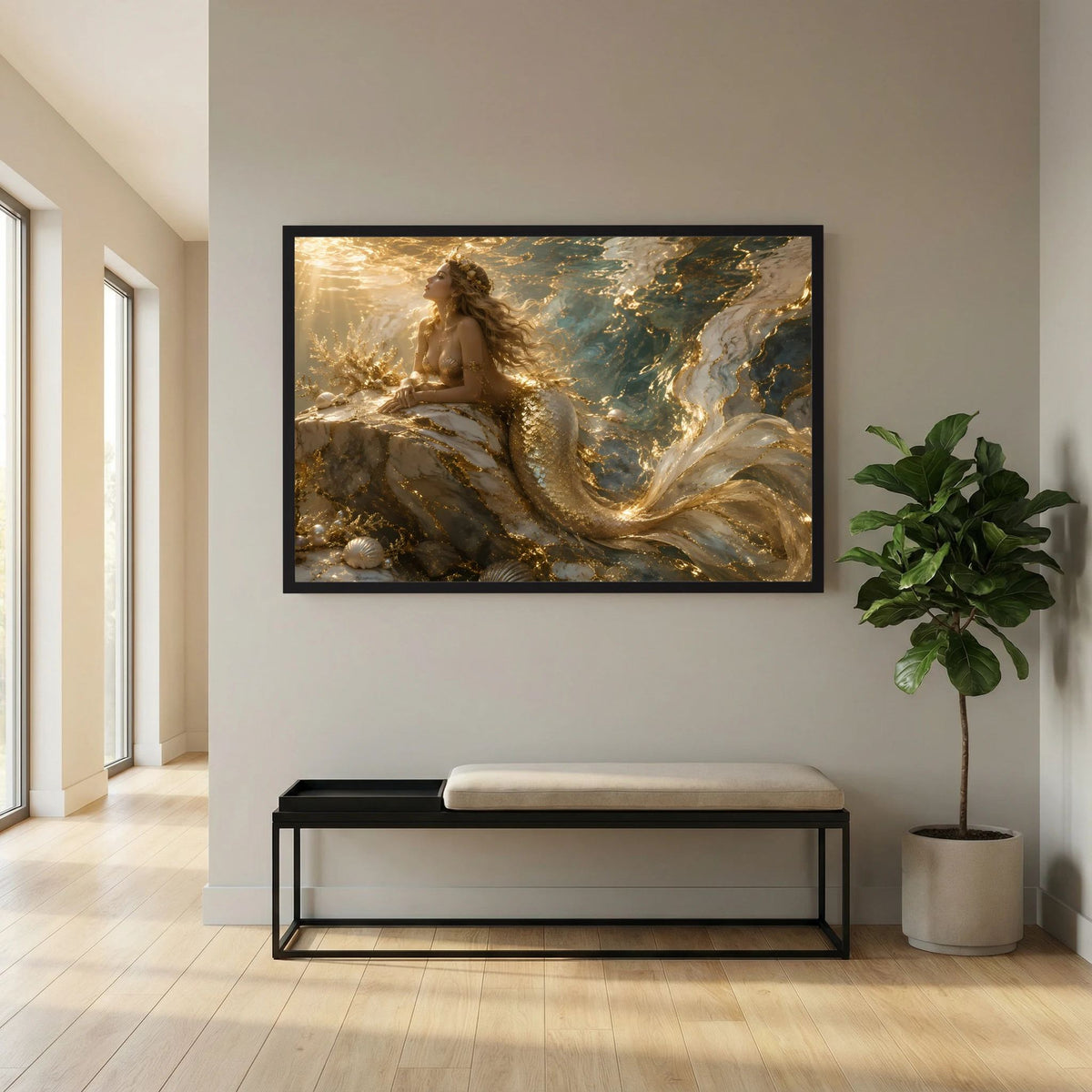 Meerjungfrau-Wandbild mit schwarzem Rahmen, goldene Unterwasser-Szene