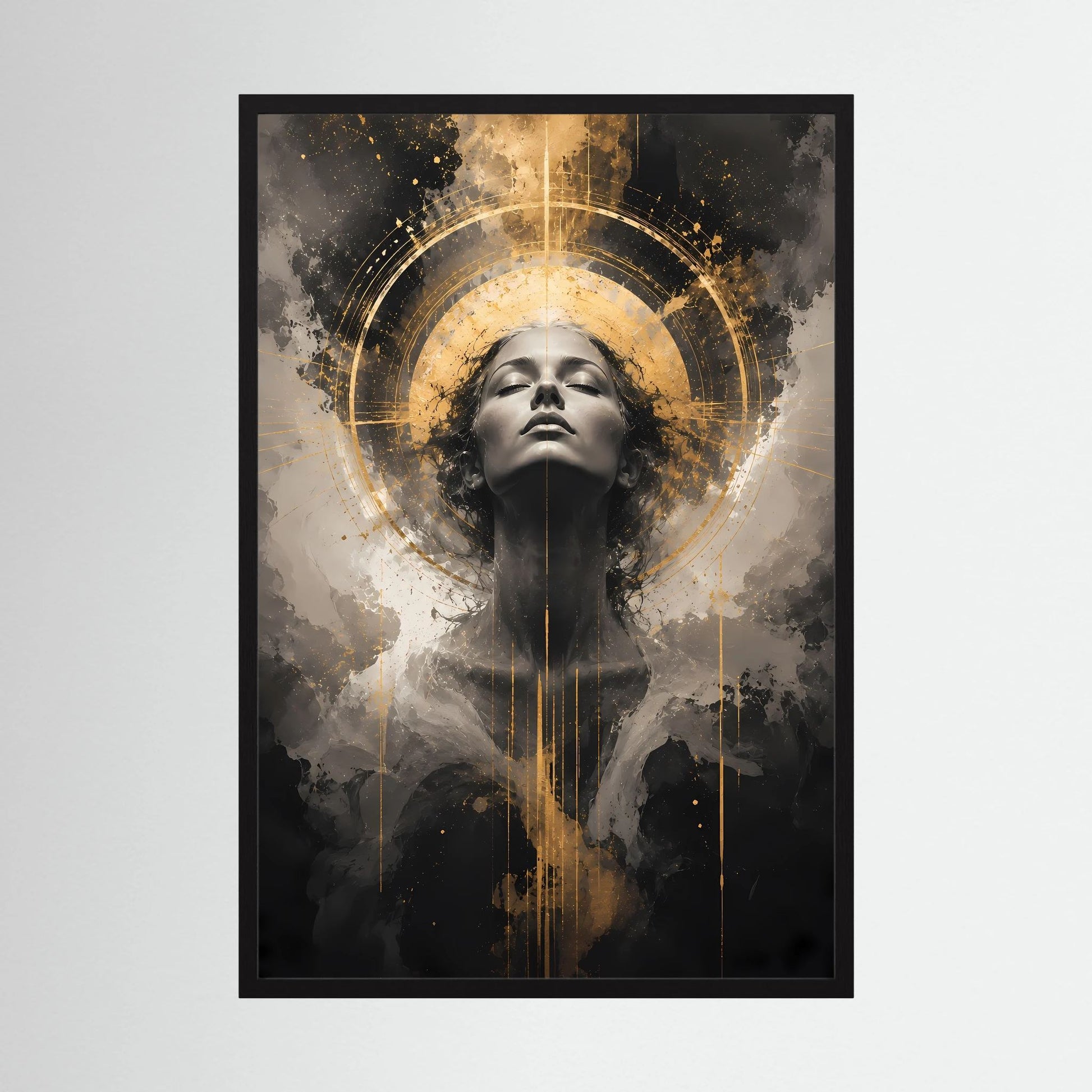Poster mit abstraktem Frauengesicht in Schwarz und Gold mit goldenem Kreis, schwarzem Rahmen