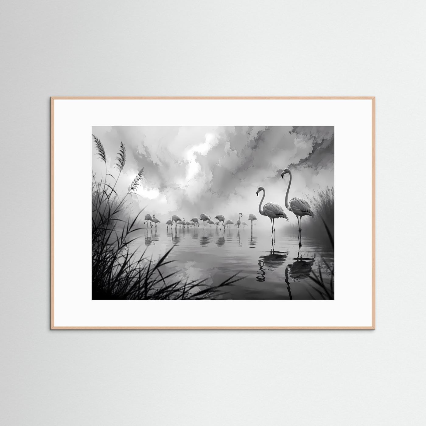 Flamingos im Nebel Schwarz-Weiß | Elegante Natur Wandkunst