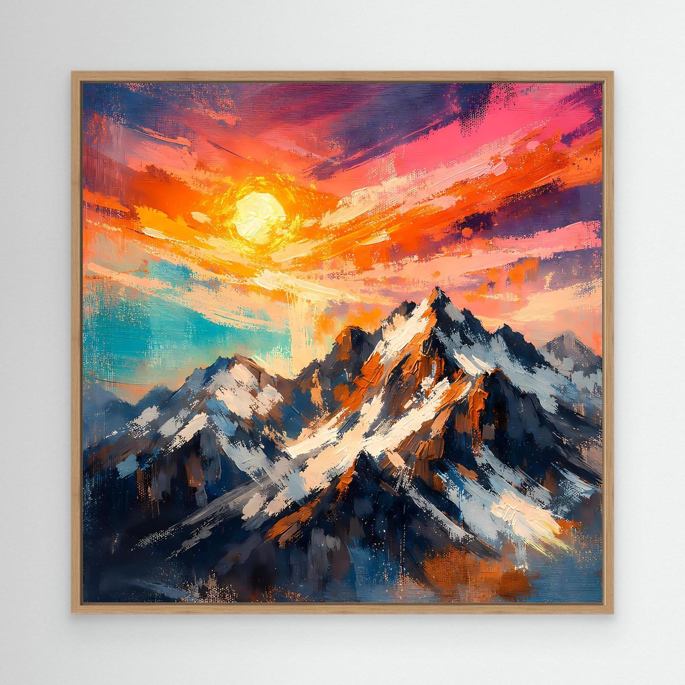 Leinwand Alpenglühen an verschneiten Berggipfeln | Abstraktes Gebirge Wandbild