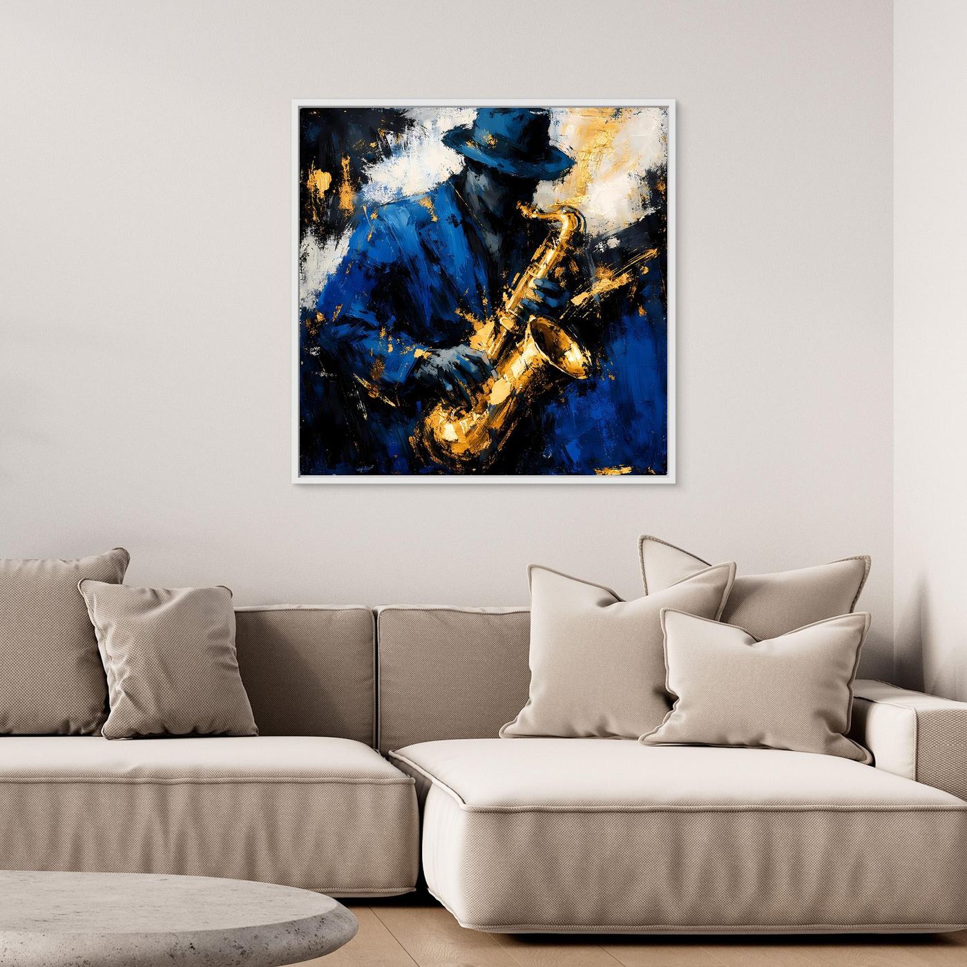 Leinwand Eleganter Jazz-Saxophonist in Blau und Gold | Abstraktes Musik Wandbild