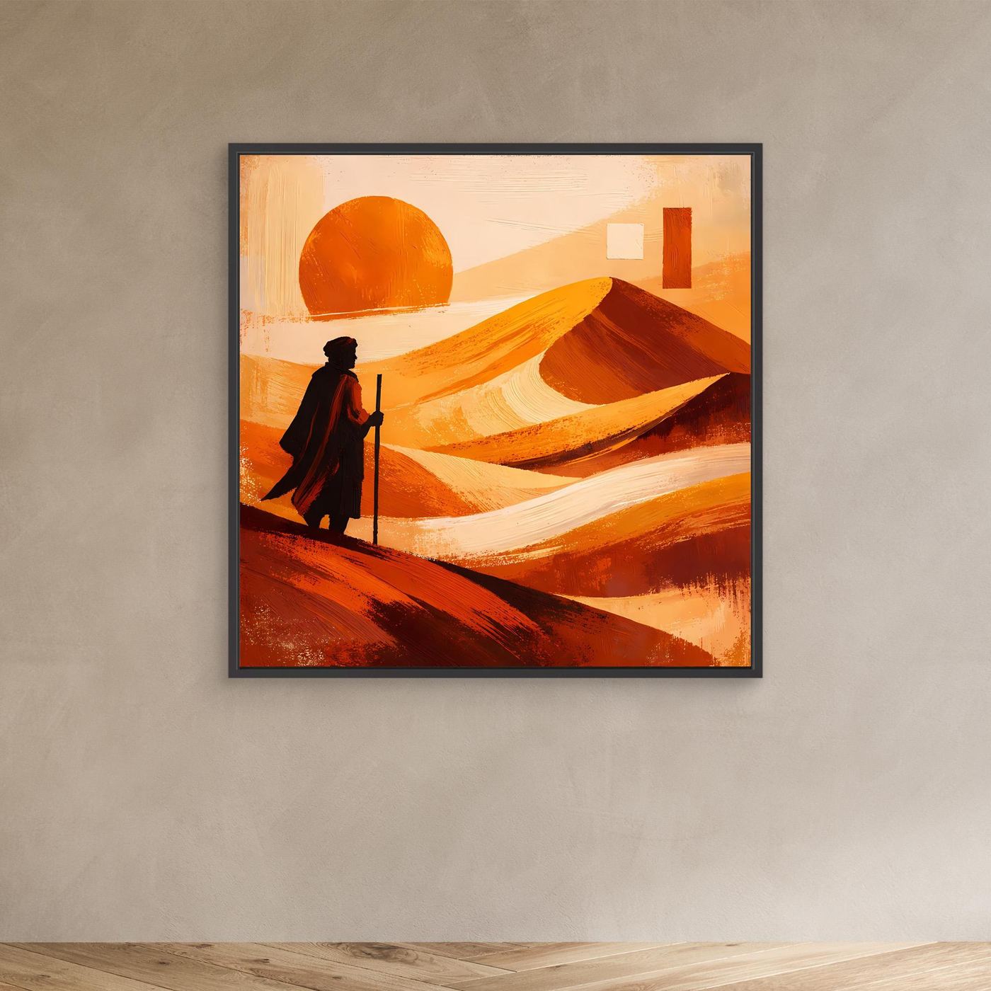 Abstraktes Leinwandbild mit Wüstenlandschaft im schwarzen Rahmen: orange Sonne, Figur mit Stab